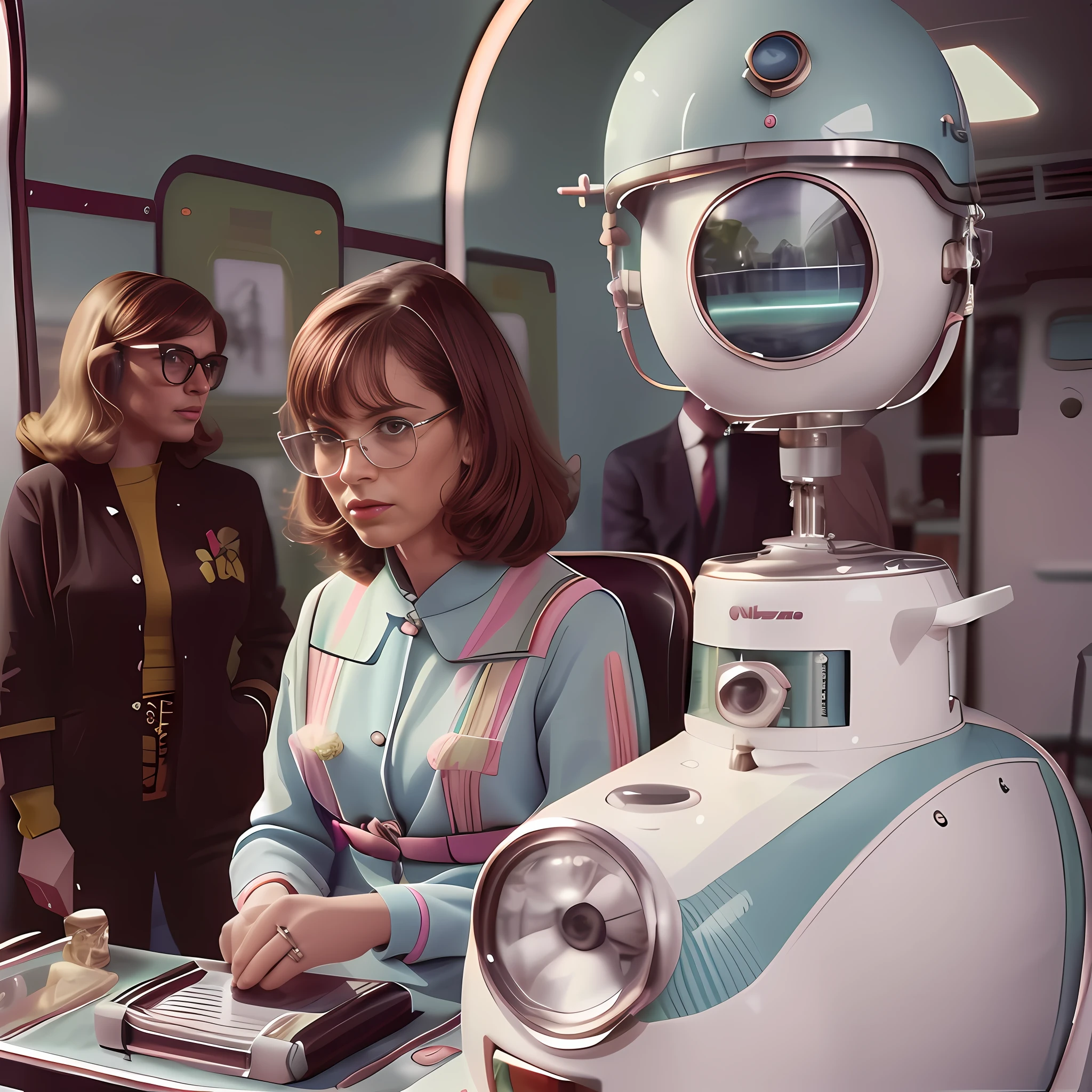 4k image from a 1960s science fiction film by Wes Anderson, Filme O Grande Hotel Budapeste, pastels colors, Young people wearing retrofuturistic alien masks and holding colorful suitcases and chests on the bus, Retro-futuristic fashion clothes from the 60s with old robots, Luz Natural, Psicodelia, futurista estranho, retro-futurista, photo-realistic, Sharp background details.