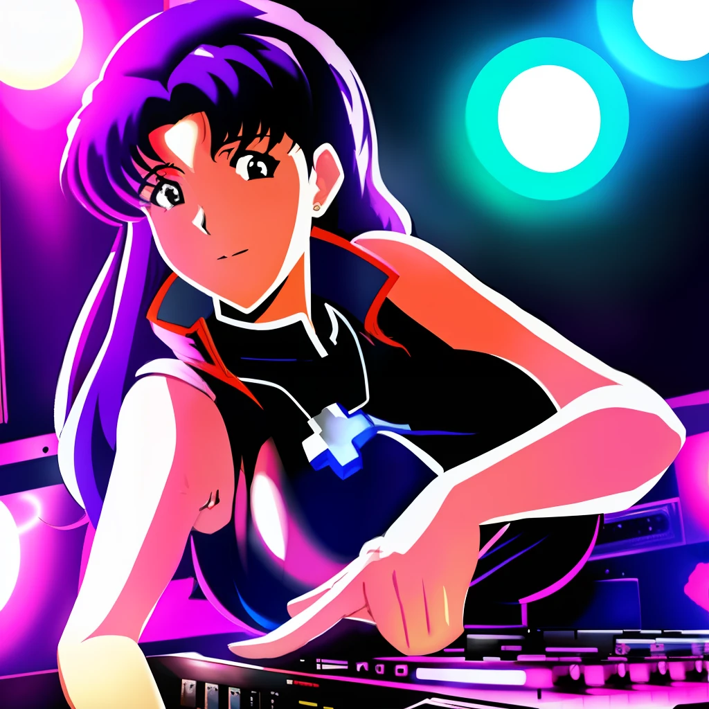 A solo shot featuring Katsuragi_Misato, big_breasts, cross_necklace a DJ, showcasing her skills on the turntables at a vibrant rave.