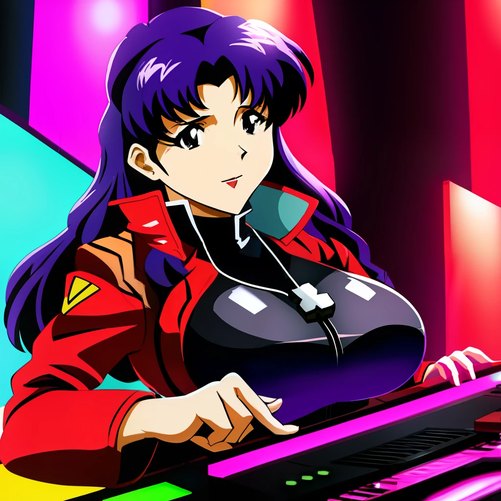 A solo shot featuring Katsuragi_Misato, big_breasts,  cross_necklace a DJ, showcasing her skills on the turntables at a vibrant rave.