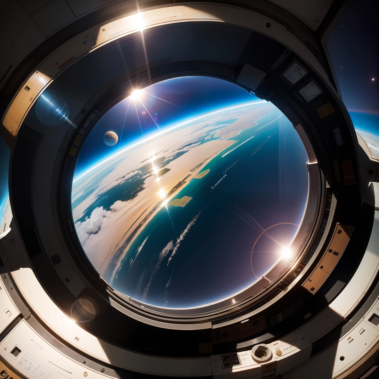 The planet Earth as seen through the glass window of a space station with all the real details. O sol esta iluminando onplaneta pelo lado direito. realista. fotografia premiada.