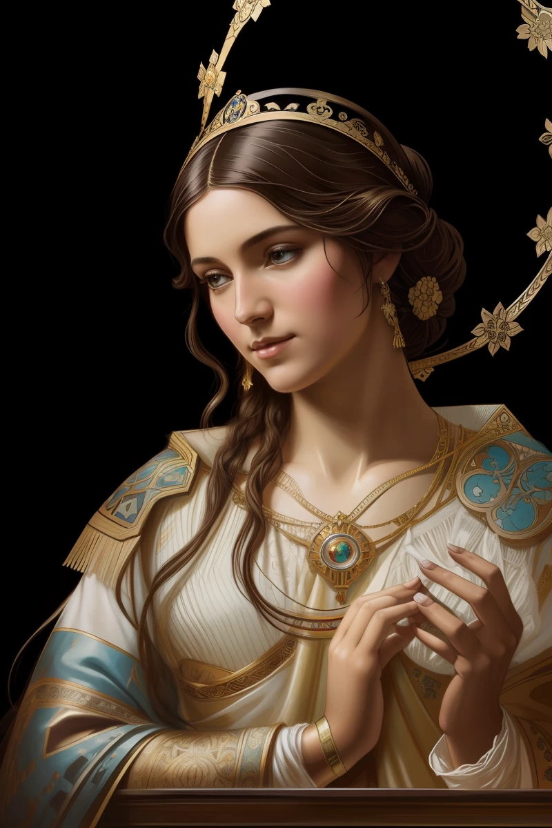 The Virgin Mary and the Child Jesus. MUJER CAUCASICA. 19 years old, DULCE Y LA INOCENTE MIRADA ANGELICAL, Alta calidad, obra maestra, rasgos faciales exquisitos, cabello exquisito, ojos exquisitos, cabello de color exquisito, calidad de imagen 4K, hermosa luz y sombra, efecto Tyndall, halo, cabello desordenado, estado joven, escena hermosa, ropa exquisita, cadenas, plumas, belleza antigua con ojos grandes muy detallados, pintura digital, artstation, arte conceptual, foco nítido, illustration, arte de greg rutkowski y alphonse mucha y victo ngai