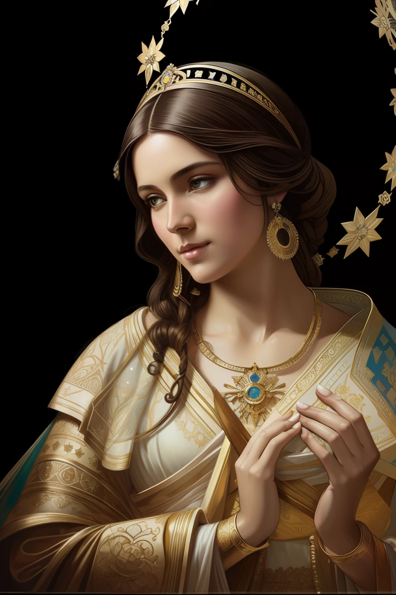 The Virgin Mary and the Child Jesus. MUJER CAUCASICA. 19 years old, DULCE Y LA INOCENTE MIRADA ANGELICAL, Alta calidad, obra maestra, rasgos faciales exquisitos, cabello exquisito, ojos exquisitos, cabello de color exquisito, calidad de imagen 4K, hermosa luz y sombra, efecto Tyndall, halo, cabello desordenado, estado joven, escena hermosa, ropa exquisita, cadenas, plumas, belleza antigua con ojos grandes muy detallados, pintura digital, artstation, arte conceptual, foco nítido, illustration, arte de greg rutkowski y alphonse mucha y victo ngai