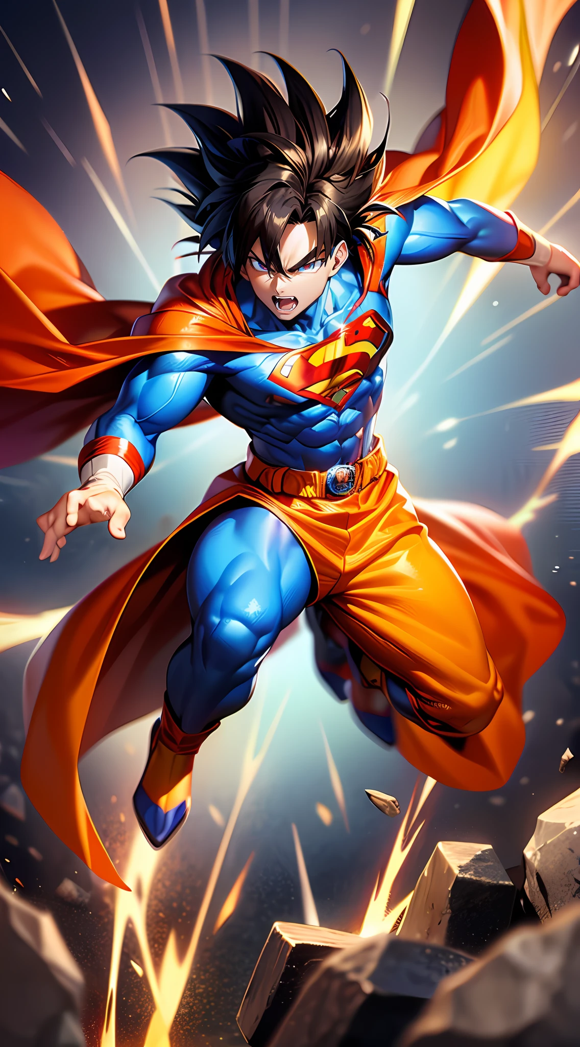 superman and goku fusion, orange costume with blue, red, super muscular,Full Body, black Saiyan hair, blue glowing eyes, flying,winged, background of destroyed stones, Anime, Cartoon