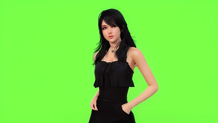 A woman in a black dress is posing for a photo, modelo live2d youtuber virtual, Retrato de Tifa Lockhart, Garota Anime usando um vestido preto, Retrato de Tifa Lockhart, photorealistic anime girl rendering, estilo anime. 8k, render de abril, fundo de tela verde, render de uma anime 3d bonito, meninaabelo preto, anime estilo 3d