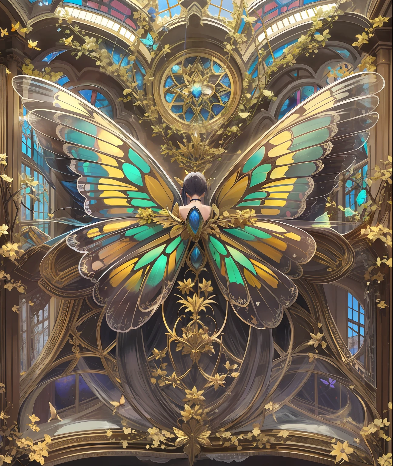 a close-up of a bed with a butterfly-shaped bed frame, Ailes exquises et belles, Ailes de vitrail, Belles ailes ouvertes, ailes de papillon, avec de belles ailes, Ailes majestueuses, avec de grandes ailes, iridescent wings, Very complex wings!, Perched on an intricate throne, Ailes transparentes, ailes en verre, Ailes de Gossamer, ailes translucides, Des ailes gigantesques