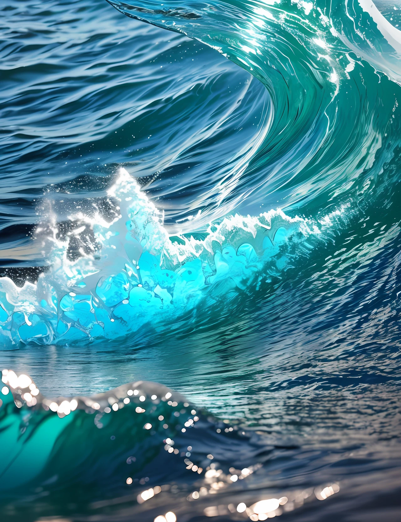 High resolution photorealistic image of transparent iridescent aqua splashing curling beach wave --auto --s2