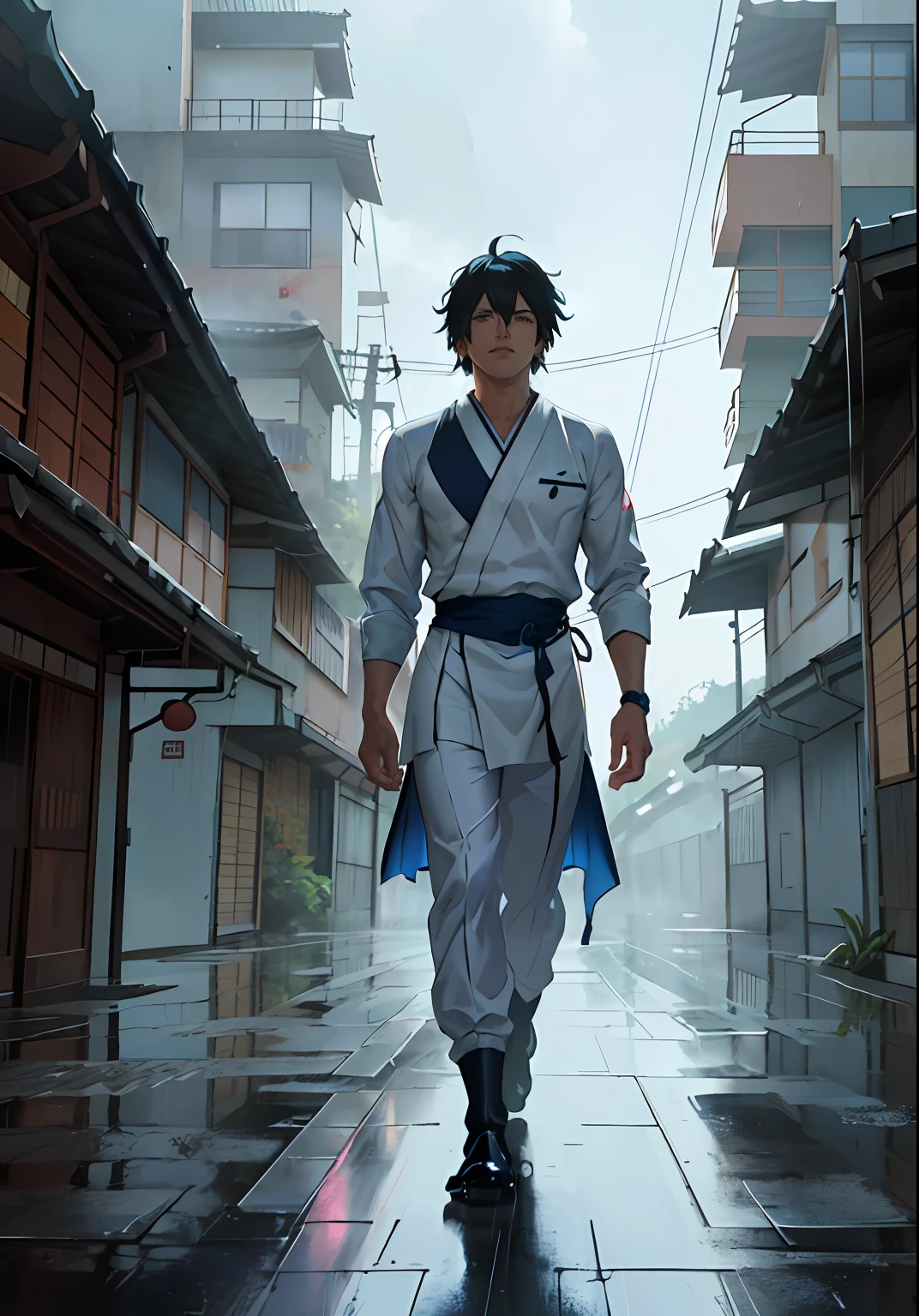 llueve realista, vida real, Hermoso chico de cabello azul parado en un techo mirando hacia abajo a una ciudad debajo, extremadamente detallado por Greg Rutkowski Makoto Shinkai Kyoto Animation Key Art Feminine Mid Shot, ((Rainy Day, cielo nublado)), Laurie Greasley's Estilo, Estudio Ghibli, Akira Toriyama, James Gilleard, Impacto de Genshin, Trending Pixiv Fanbox, acrylic palette knife, 4k, colores vibrantes, Devinart, tendencias en Artstation