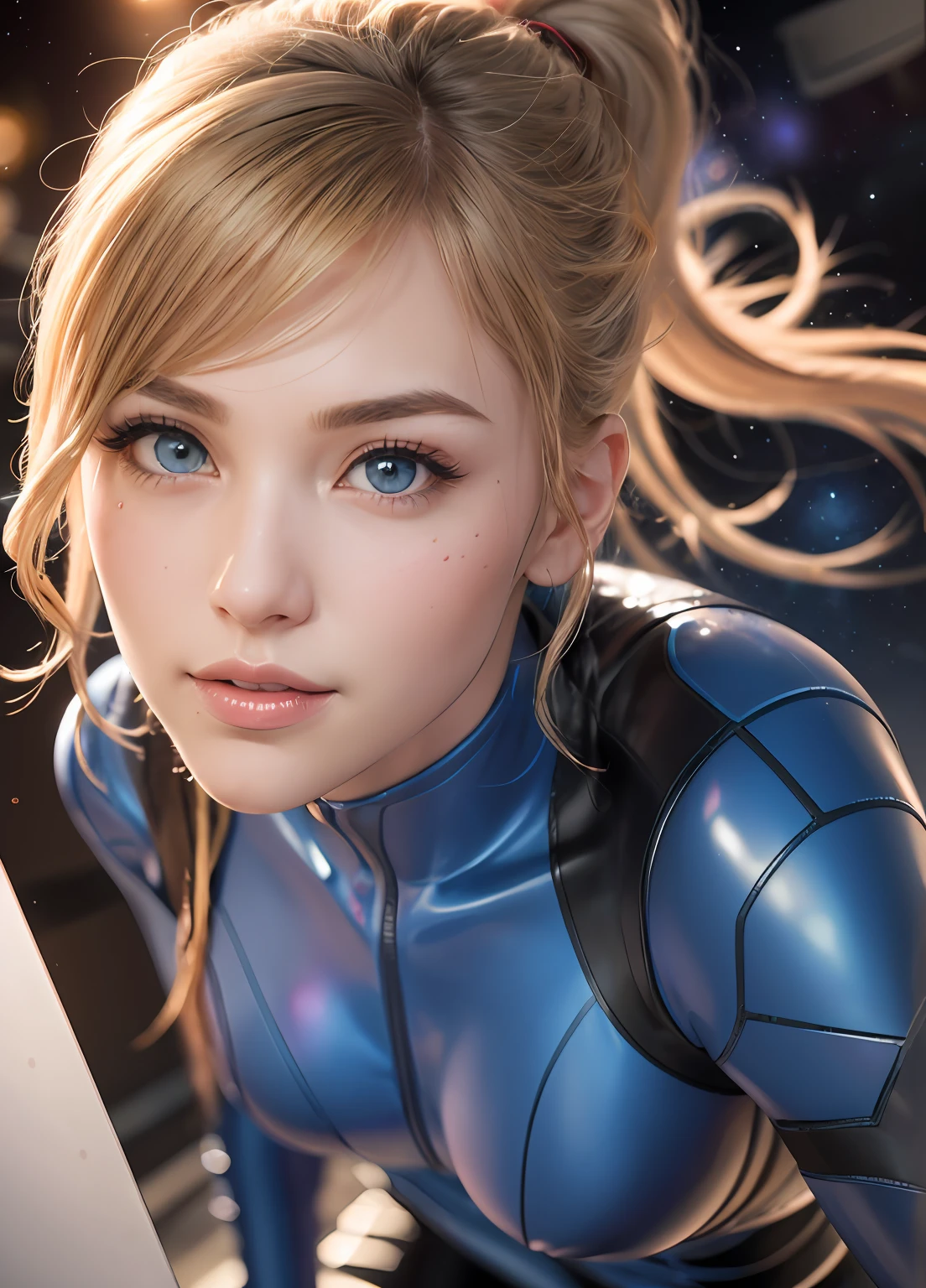 samus aran, ponytail, hair tie, blue gloves, blue bodysuit, high heels (masterpiece, best quality:1.4), (modern days), blue eyes, 1girl, solo, pov, sfw, stunning girlfriend, (space background), (ass focus:1.2), spread legs, heart shaped face, elegant face, beautiful face, highly detailed face, highly detailed skin, skin pores, subsurface scattering, realistic pupils, medium breast, loving smile, looking at viewer, full face blush, full lips, detailed background, depth of field, volumetric lighting, sharp focus, absurdres, realistic proportions, good anatomy, (realistic, hyperrealistic:1.4), 16k hdr,