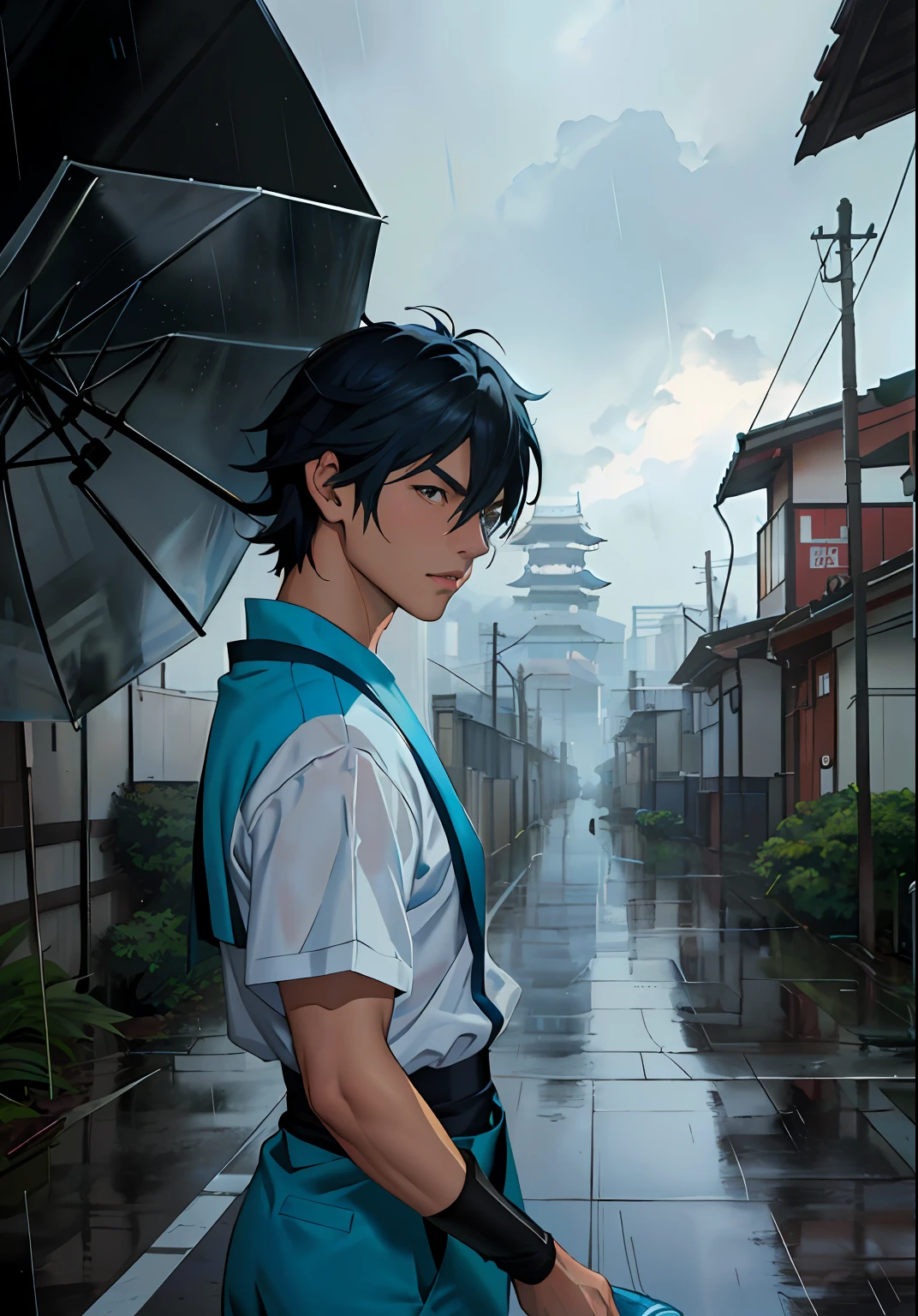 llueve realista, vida real, Hermoso chico de cabello azul parado en un techo mirando hacia abajo a una ciudad debajo, extremadamente detallado por Greg Rutkowski Makoto Shinkai Kyoto Animation Key Art Feminine Mid Shot, ((Rainy Day, cielo nublado)), Laurie Greasley's Estilo, Estudio Ghibli, Akira Toriyama, James Gilleard, Impacto de Genshin, Trending Pixiv Fanbox, acrylic palette knife, 4k, colores vibrantes, Devinart, tendencias en Artstation