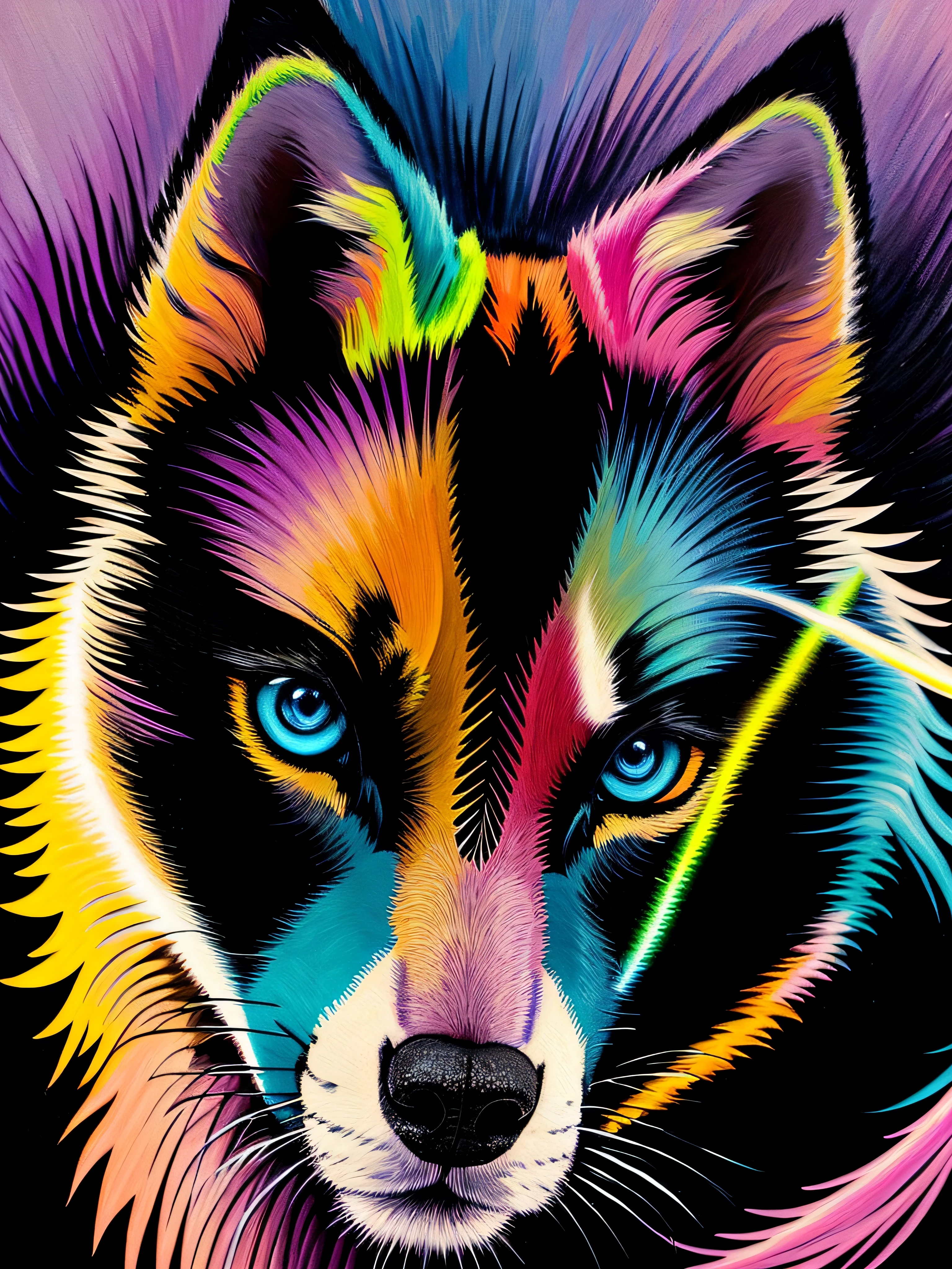 A painting of a colorful wolf on a black background,, breathtaking rendering, dans une connexion rayonnante, inspired by Kinuko Y. Trade,, Magical elements, Kitten icon, pleurage, est magnifique, lancer un sort multicolore, Flash lumineux, Flash