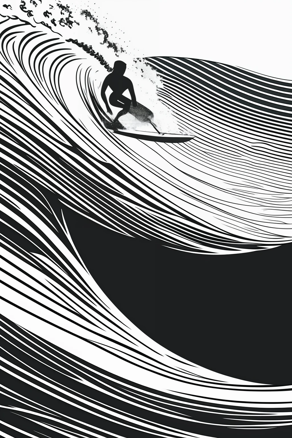 a black and white drawing of a surfer riding a wave, vector line - art style, illustration black outlining, illustration line art style, thick vector line art, line art portrait, exquisite line art, line art illustration, in style of digital illustration, vector line art, outlined art, vector style drawing, bold line art, glowwave girl portrait, thin line art