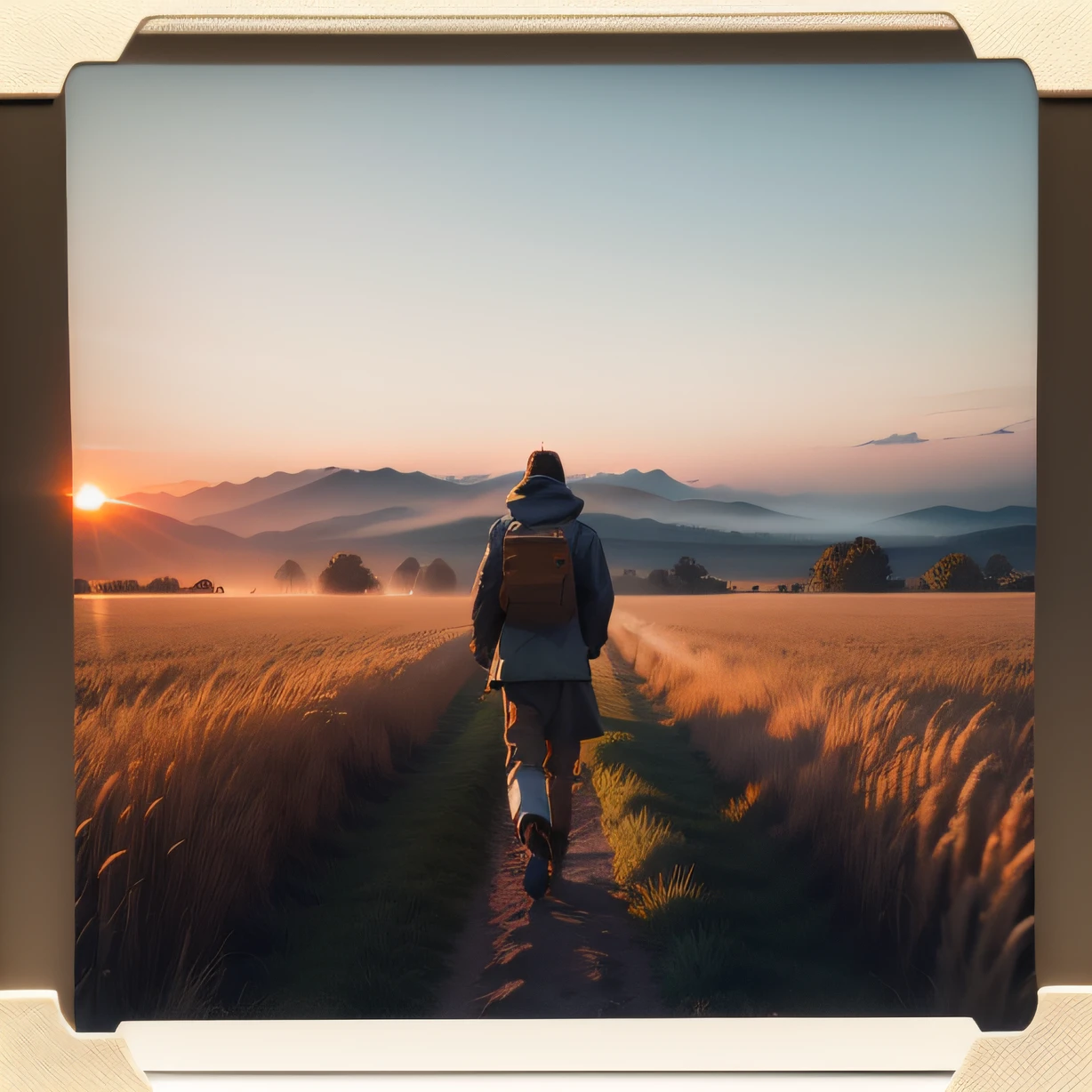 a man walking with a bowed head seen from behind, in a wheat field with distant mountains during sunset but with some fog, in a wide shot, taken with a DSLR camera, simulating the style of "Polaroid Originals Color Instant Film" film, using a standard lens (50 mm) to achieve a perspective similar to human vision, and utilizing "soft natural light" to achieve soft shadows and natural colors.