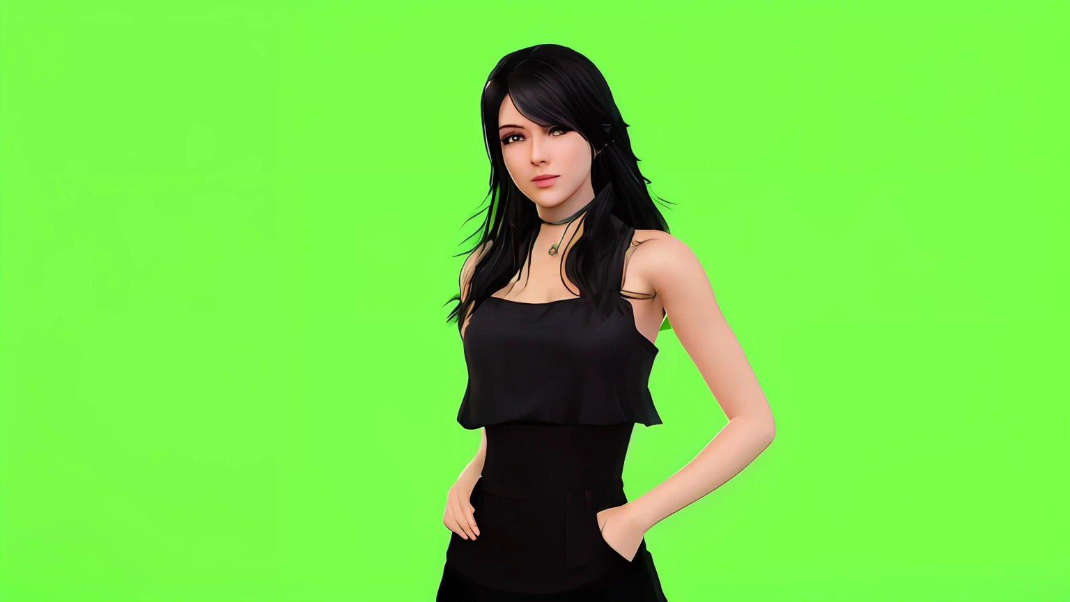 A woman in a black dress is posing for a photo, Live2D modelo Virtual Youtuber, Retrato de Tifa Lockhart, Garota Anime usando um vestido preto, Retrato de Tifa Lockhart, photorealistic anime girl rendering, Estilo anime. 8k, render de abril, fundo de tela verde, render de uma menina anime 3d bonito, menina com cabelo preto, Anime estilo 3D