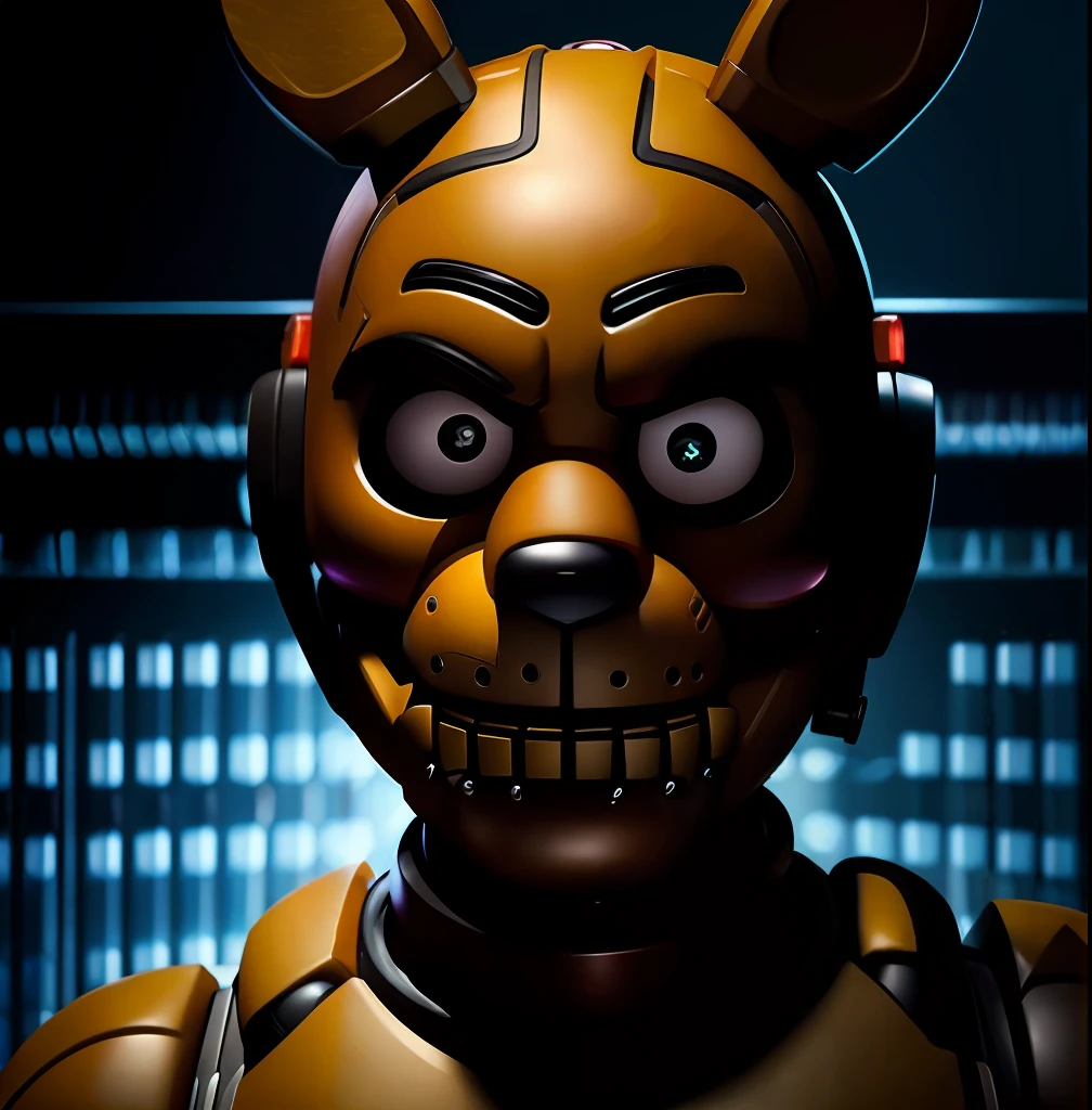 um close up de um brinquedo com um rosto assustador e um rosto assustador, animatronic, Cinco noites no Freddys, Cinco noites no Freddy's, Cinco noites no Freddy's, animatronics, Freddy Fazbear, FNAF, renderizado em sfm, inspirado em Alfred Freddy Krupa, Armadilha de mola, Retrato de Freddy Fazbear