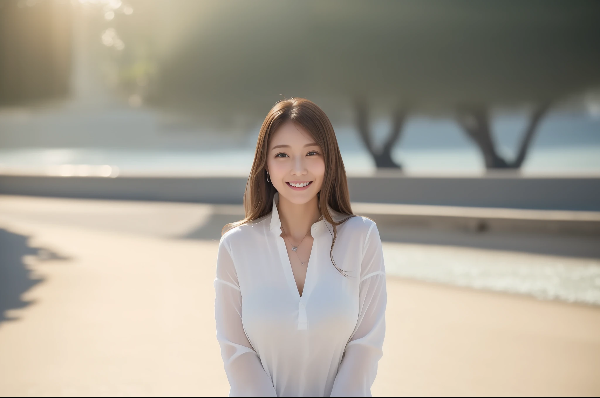 ((top-quality、8K、masterpiece:1.3))、foco nítido:1.2、Perfect Body Beauty:1.4、Slim abs:1.2、((Light brown long hair、Colossal tits:1.2))、(natural soft light、Seaside street corner:1.2)、Highly detailed facial and skin texture、A detailed eye、(二重まぶた)、(((dynamic ungle))),Seaside street corner、Silver thin necklace、Smiling、White blouses、White button shirt、Gentle expression、Beautie、Wavy Hair、Symbol of the Japan gal、Light makeup