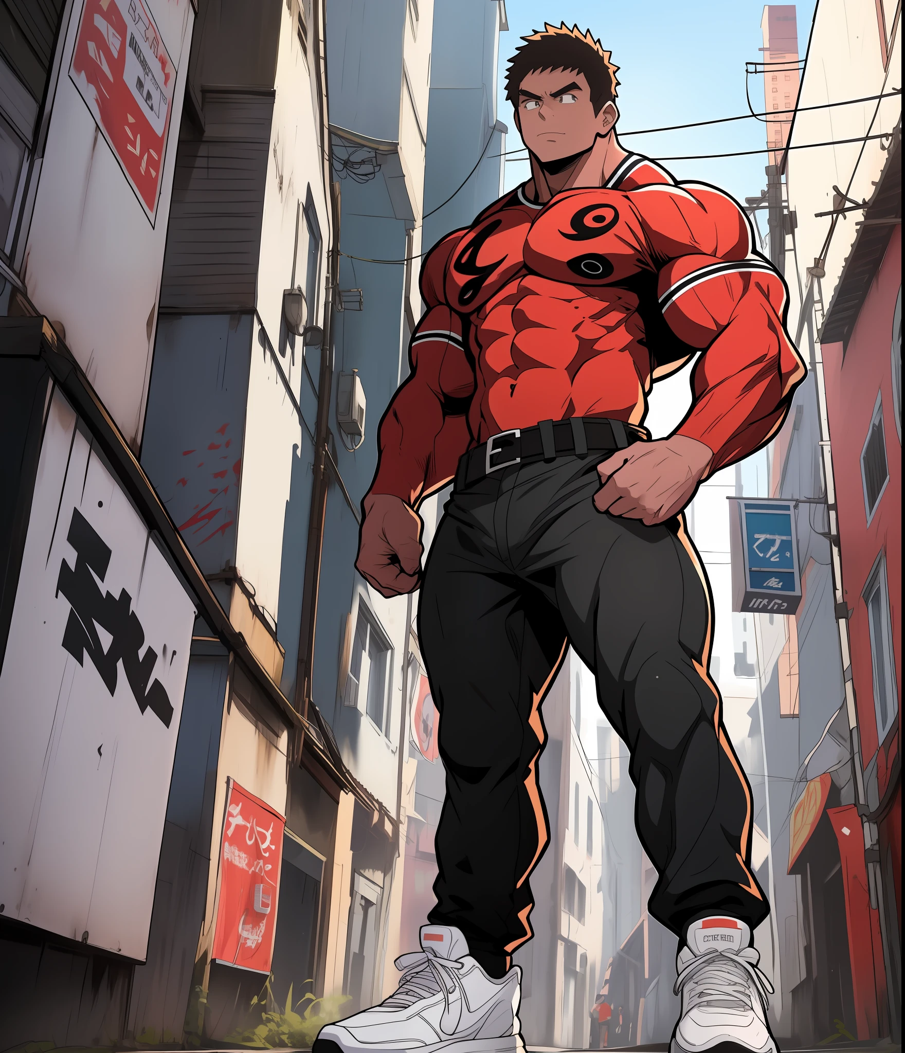 Estilo de Arte de Anime, imagem de corpo inteiro, angulo da imagem deve ser frontal e de corpo inteiro de (((testa.))) Personagem extremamente musculoso e alto, com um corpo de bodybuilder, The character has very short hair with bangs in dark brown color, tem olhos alaranjados, usa uma camiseta vermelha de manga comprida, wears black belt and pants; , and wearing a white sneaker The character must be in a city full of buildings around him, The character is strong and determined,e muita massa muscular!!!!!