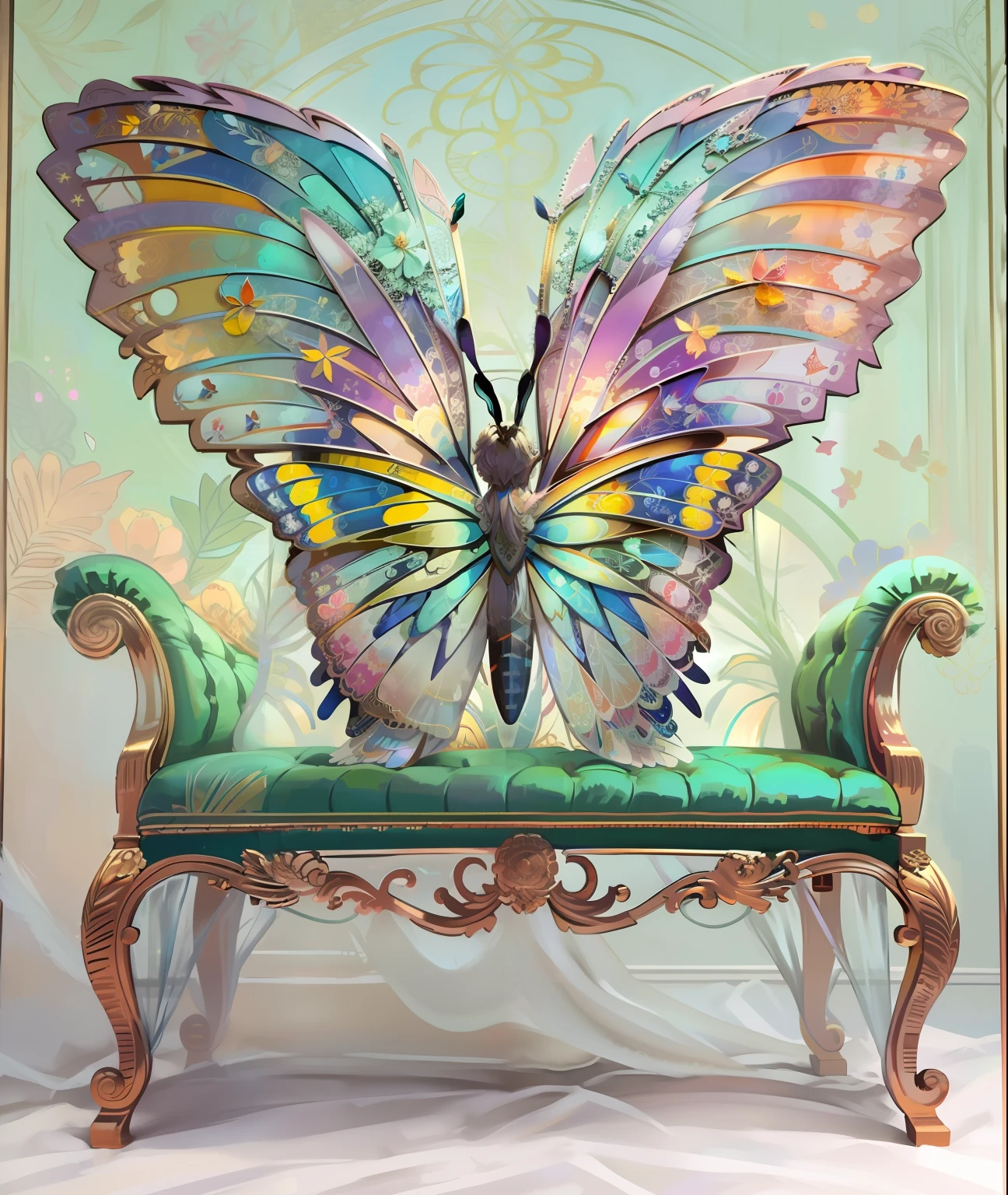A sofa with a butterfly-shaped backrest, Ailes exquises et belles, Ailes de vitrail, Belles ailes ouvertes, ailes de papillon, avec de belles ailes, Ailes majestueuses, avec de grandes ailes, iridescent wings, Very complex wings!, Perched on an intricate throne, Ailes transparentes, ailes en verre, Ailes de Gossamer, ailes translucides, Des ailes gigantesques