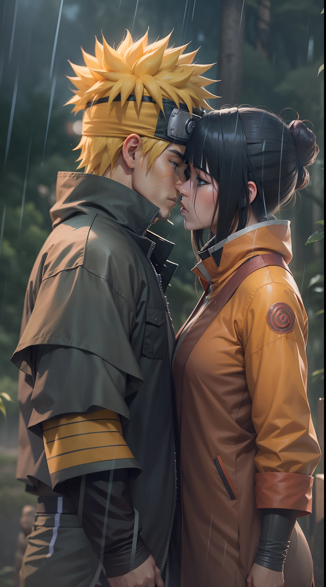 naruto shippuden naruto and hinata, kissing, super strong, muscular, background Konohagakure (Hidden Leaf Village), raining, 35mm lens, photography, ultra details, precise texture details HDR, UHD,64K,