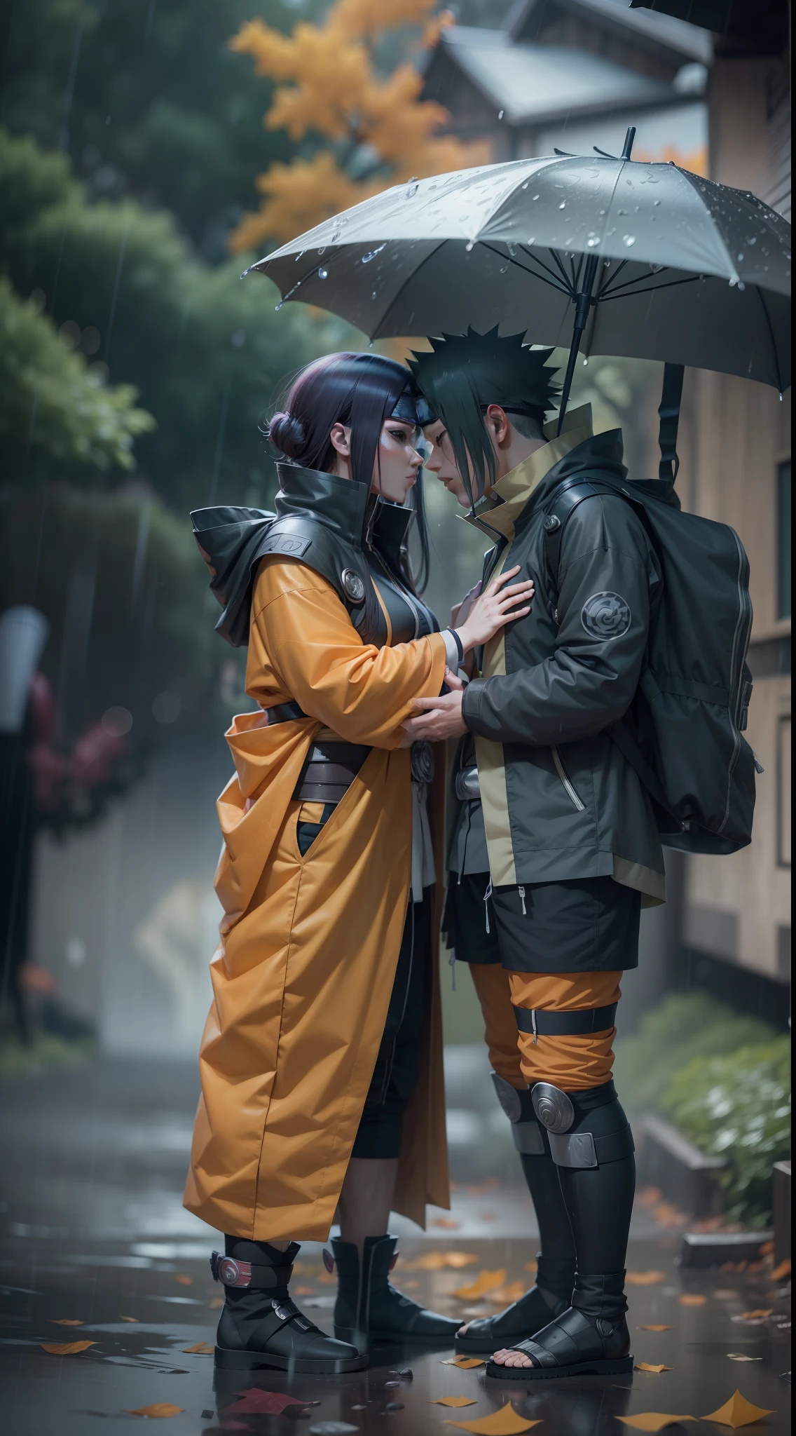 naruto shippuden naruto and hinata, kissing, super strong, muscular, background Konohagakure (Hidden Leaf Village), raining, 35mm lens, photography, ultra details, precise texture details HDR, UHD,64K,