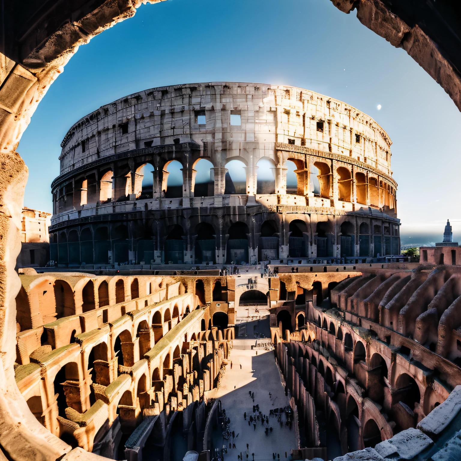 (RAW), Ultra Fine Photo, Best Quality, Ultra High Resolution,((masterpiece, photorealistic:1.4), a fine detailed futuristic colosseum, (colosseum:1.2), an elliptical structure made of stone, concrete, and tuff, and it stands four stories tall at its highest point, (PANORAMIC scenery:1.3), drone view,(epic:1.2), (modern architecture:1.2), cinematic scene, (IMAX quality:1.3), (immersive visuals:1.2), (external point of view:1.3), sharp focus, no humans