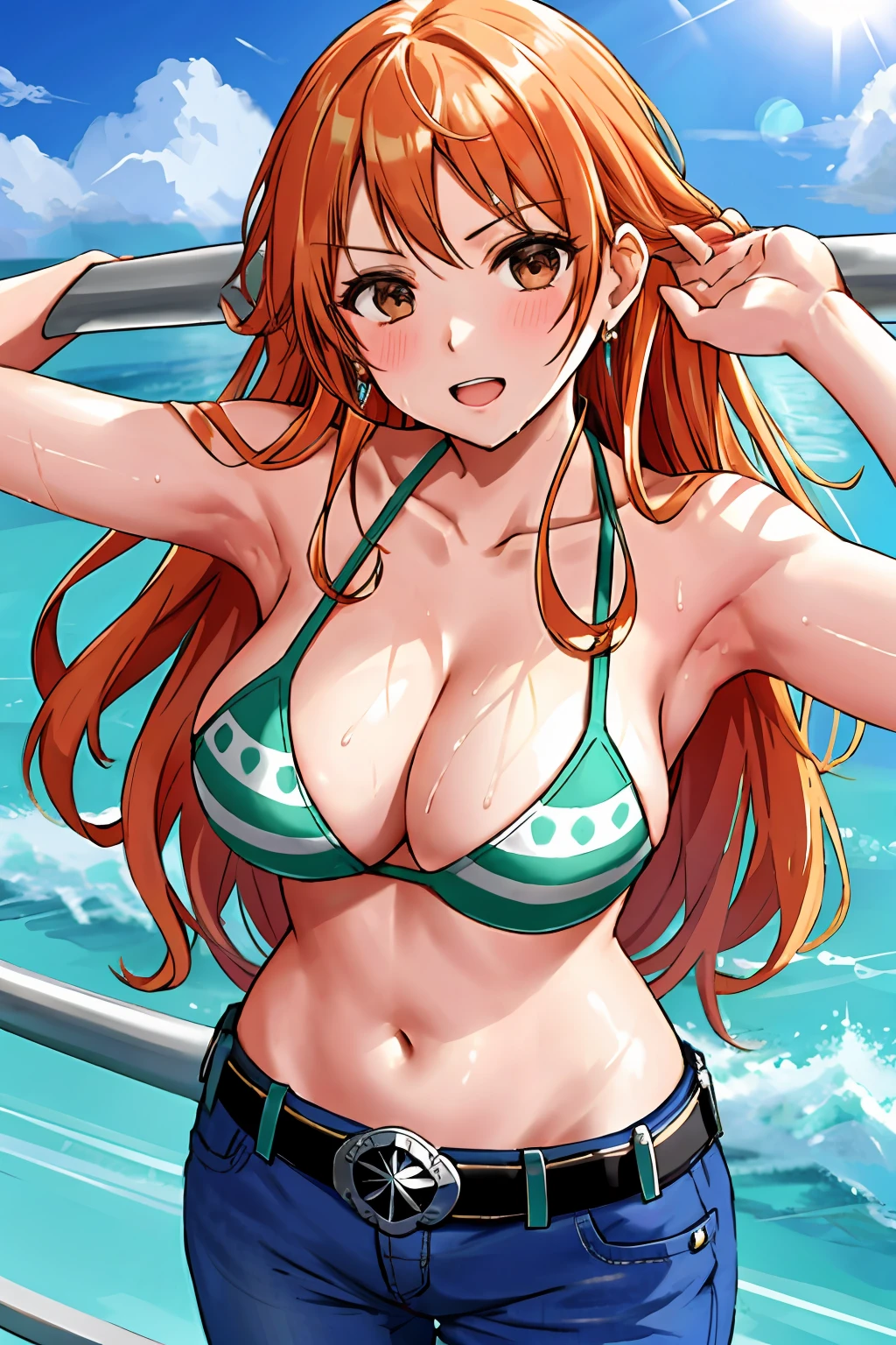 detailed background, masterpiece, 4k, epic, best quality, late youth, adult, wrestler body, wrestling, 1girl, active, energic, (large mouth) , solo, nami \(one piece\), 1girl, bangle, (very wet, yawning, drenched in sweat, sweat all over body, very wet hair, messy hair, tired, open mouth, exhausted, shouting, sweaty face, sweaty body, sweating too much, blushing, tilting head, shiny sweat, leaning, hands on hips, serious, glaring, open eyes, looking uo, perfect detailed face, round face, sweat on face) bold drawing lines, muscular arms, detailed bold arm lines, flat jaw, adult woman, wavy wide streaked bangs, floating bang, (big cheeks), bare shoulders, off-shoulders, belt, bikini, bikini top only, blue sky, bracelet, springy breasts, breast lines, big round eyes, very big brown shiny eyes, bubbles, high eye position, cleavage, cloud, day, denim, earrings, floating hair, shiny hair, green belt, green bikini, bold groin lines, jeans, jewelry, medium breasts, log pose, long hair, looking at viewer, big navel, wet hair, orange hair, pants, shoulder tattoo, sidelocks, sky, solo, standing, stomach, swimsuit, tattoo , looking at viewer, open mouth, detailed left arm, big forehead, hourglass figure, small head, toned body, wide hair, wind effect, sun effect, under the sun, narrow small ears angle, older, random poses,