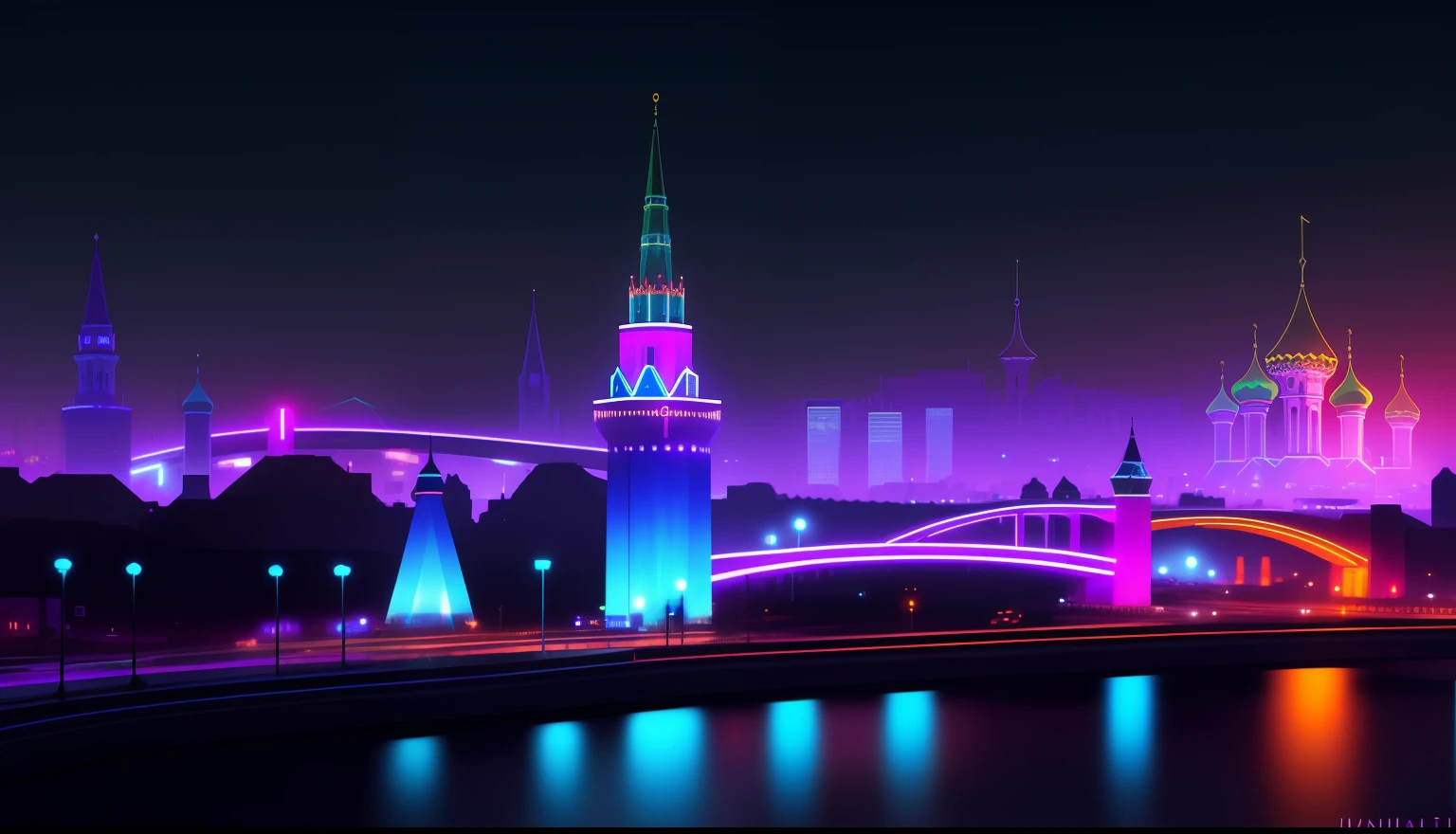 Night view of the city with a bridge and a cyberpunk castle, Beautiful Russia of the future in the style of cyberpunk,, russian city, Russian city of the future cyberpunk, ,Mato Neon Digital Painting,ciberpunk , Moscow Cyberpunk 2077,Bruce Bethke,Nicholas Hiatt (Nicholas Hiatt), John Wallin Liberto,MAD DOG JONES