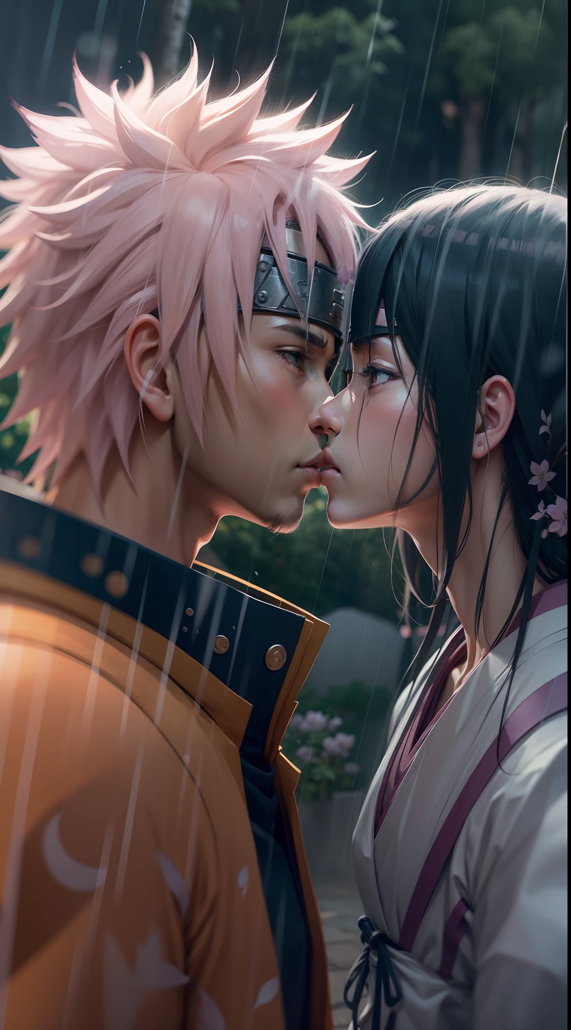 naruto shippuden sasuke and sakura, kissing, super strong, muscular, background Konohagakure (Hidden Leaf Village), raining, 35mm lens, photography, ultra details, precise texture details HDR, UHD,64K,