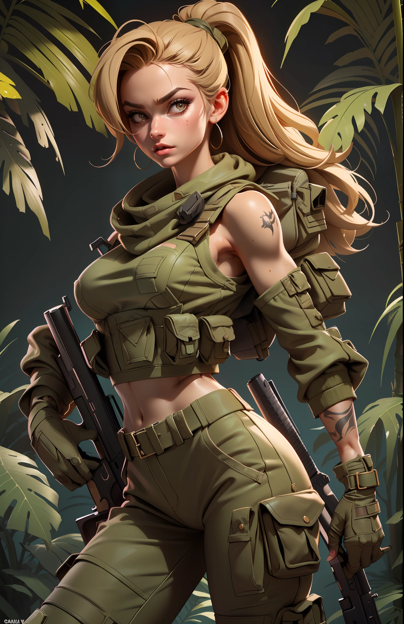 Gorgeous and fearless female soldier, fit body, military croptop, bare shoulders, dark blond hair, tattoo arm, holding big gun, running, jungle background, full detail face,  killing eyes, high detail, realistic, photo quality, high quality,  (photorealistic:1.6), highly detailed, masterpiece, High-quality shadow,