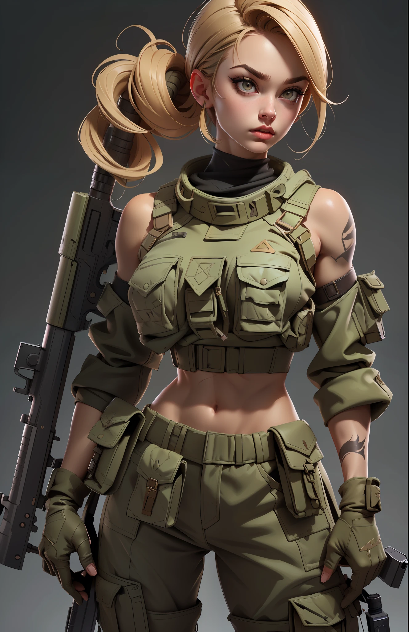 Gorgeous and fearless female soldier, fit body, military croptop, bare shoulders, dark blond hair, tattoo arm, holding big gun, running, jungle background, full detail face,  killing eyes, high detail, realistic, photo quality, high quality,  (photorealistic:1.6), highly detailed, masterpiece, High-quality shadow,