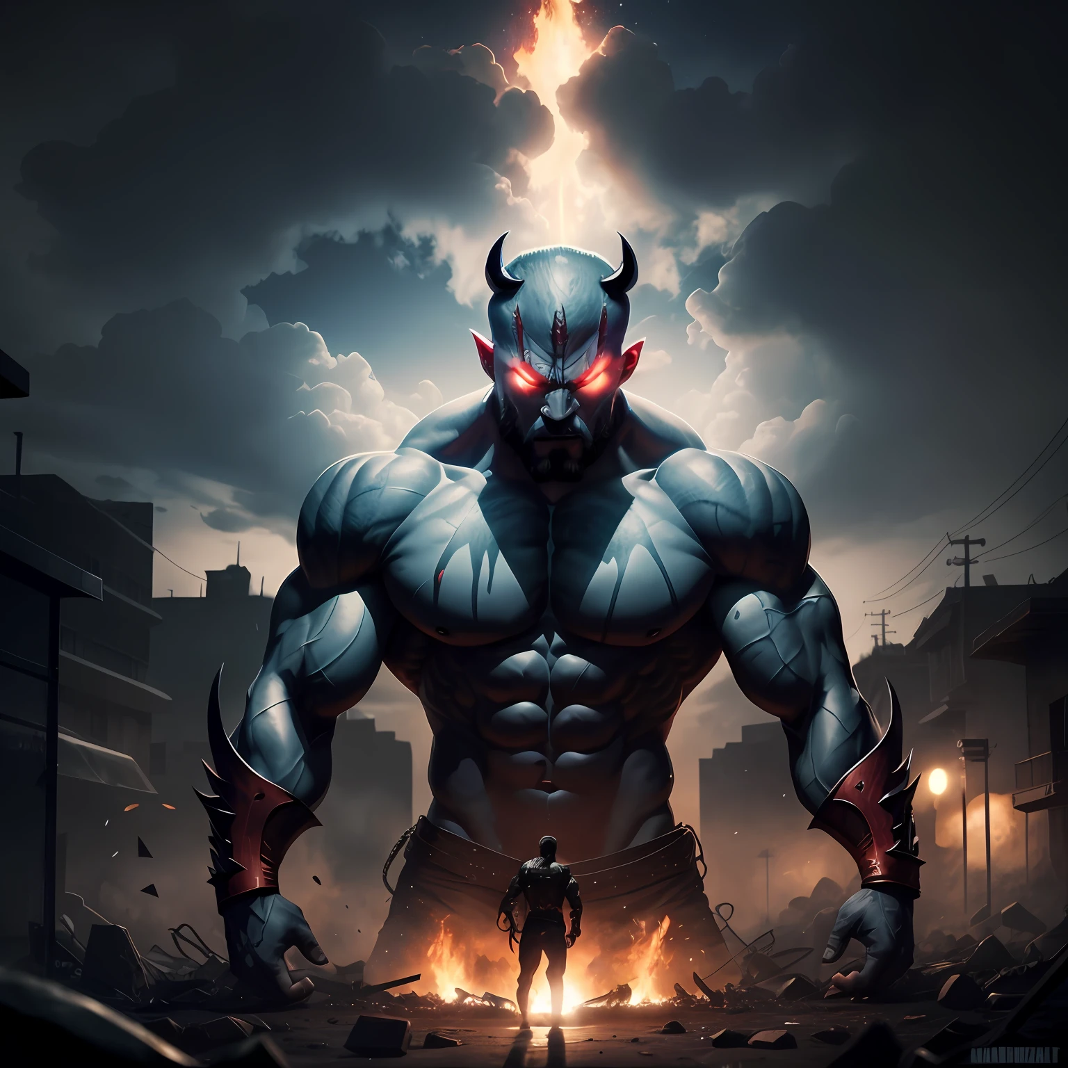 Raped image of a man with a devil's face and a demon-like body, muscled humanoid balrog demon, Fit male demon with white horns, epic digital painting, man male demon, badass anime 8 k, epic digital art illustration, Epic Fantasy Digital Art Style, human male demon, arte conceitual demon soul, musculoso e aterrorizante, muscular bull headed man