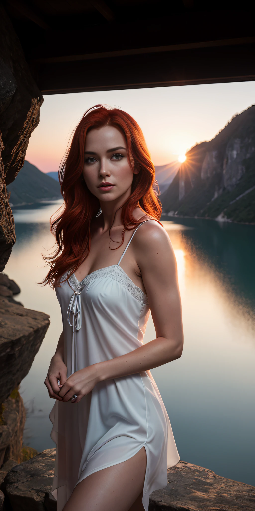 portrait of a red-haired woman of 26 years, slim silhouette, in nightie, shyness, seduction, romanticism, open mouth, loving gaze, goosebumps, on an overhang rock, lake in the background, sunset, photorealistic, photographic, masterpiece, realistic, realism, photorealism, high contrast, trendy photorealistic digital art on Artstation 8k HD realistic high definition detailed, detailed, skin texture, hyper detailed, realistic skin texture, best quality, ultra high resolution, (photorealistic: 1.4),, high resolution, detailed, raw photo, sharp re, by Lee Jeffries Nikon D850 film Stock Photography 4 Kodak Portra 400 F1.6 camera rich lens colors texture hyper realistic dramatic lighting Unrealengine trending in ArtStation Cinestill 800, no text