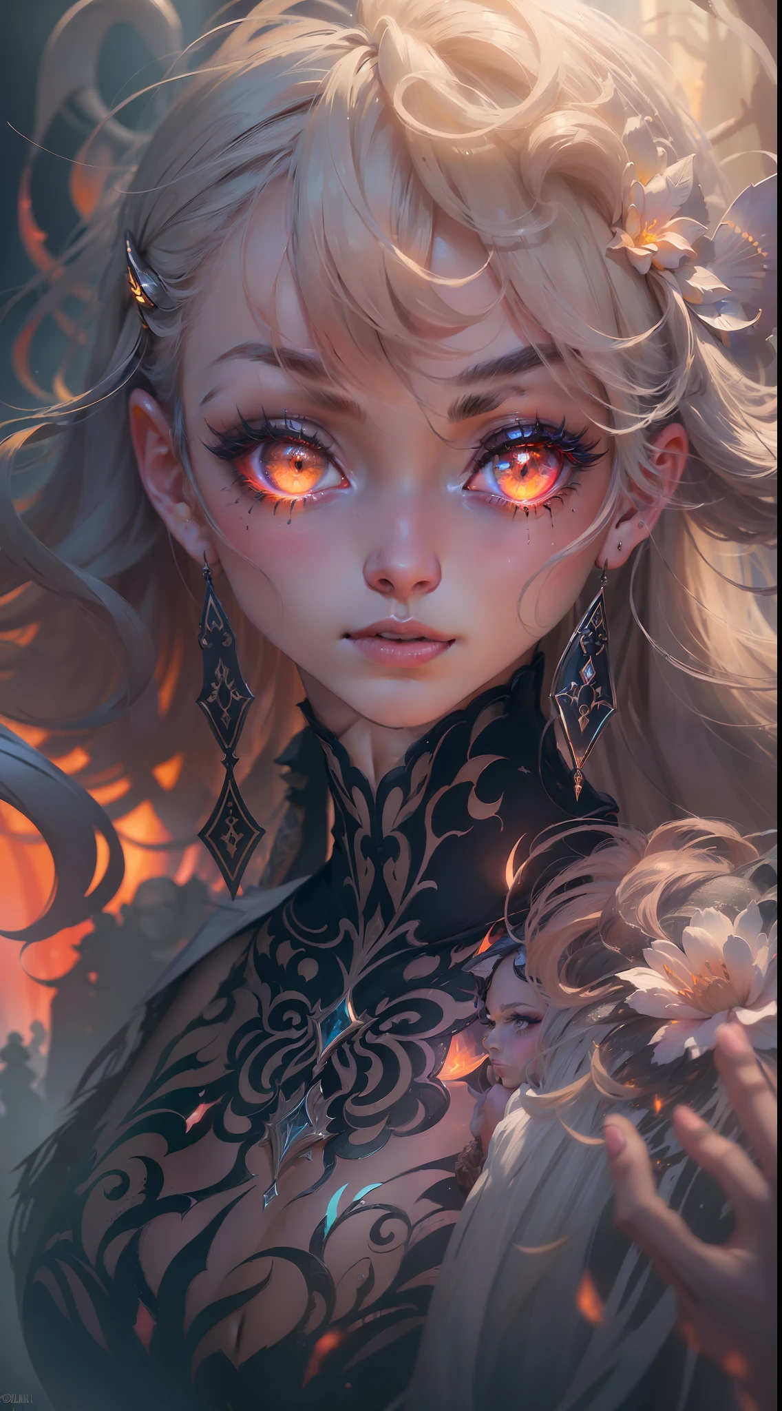 (3 people:2),multi-character photo,(Masterpiece:1.2),best quality,(illustration:1.2),(ultra-detailed),gothic,hyper details,(delicate detailed), (intricate details), (cinematic light,best quality Backlights), clear line, from below,(Devilish,Abyssal),perfect body,(2girl),(1boy),(bioluminescent hair:1.2),(glowing eyes:1.3),(Demonic),fantasy, slightly close eyes,Netherworld,(Dynamic:1.2),((makeup)),high contrast,(best illumination, an extremely delicate and beautiful),((cinematic light)),(((colorful))), Elegant,(Cinematic masterpiece),fierce,powerful,splashes of colour,absolutely eye-catching,(Brimstone),(Dark lineage),Shadowy,Underworld,Chthonic,((colourful paint splashes on background, dulux,)),((caustic)),dynamic angle,beautiful detailed glow,(Captivating),(Intricate Detailed Cinematic Background),(Masterfully crafted Glow),Epic,ornate sky background, detailed clouds, ray-traced reflections, ambient occlusion,Pandemonium,(Mist-shrouded), (Atmospheric),Macabre,Hellspawn,fire ,flames,fiery