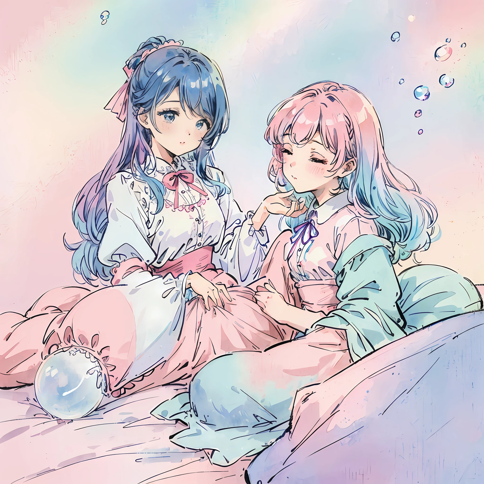 Yumekawa, dreamily cute, pale, moya, (masterpiece, highest quality, highest quality, watercolor (medium), official art, beautiful and aesthetic: 1.2), (two beautiful girls: 1.3), upper body, flirting, lesbian, lolita fashion, lolita, looking viewer, pattern, (iridescent hair, colorful hair, half blue and half pink hair: 1.2), soap bubbles, rainbow behind, clouds, colorful, soap bubbles, hair spread all over, cute, pastel, big ribbon, cute room, rainbow color unicorn plushie, sleeping on bed