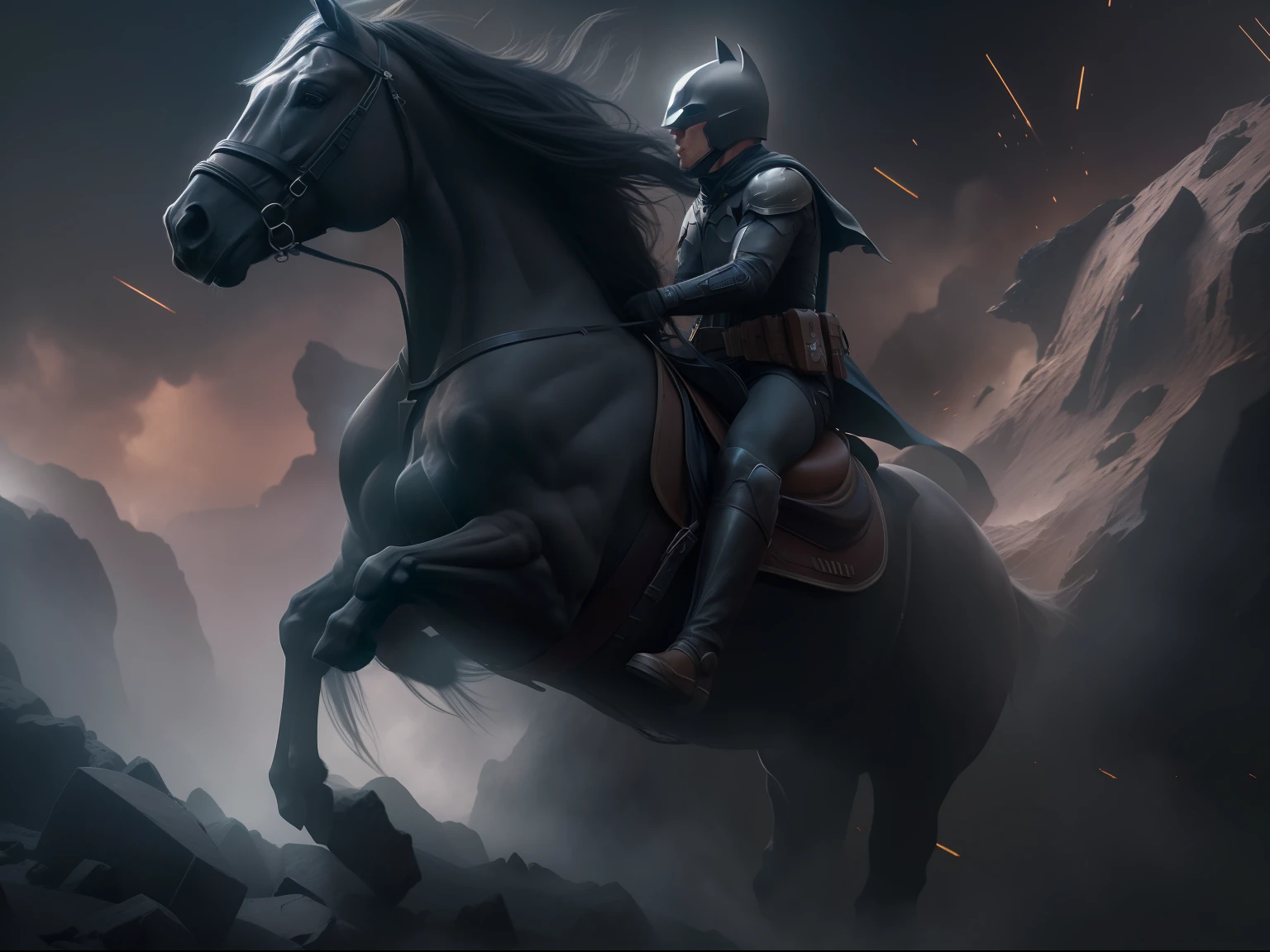 horses and dark knight, climbing the asteroid, dramatic moment, fantasy style, character render, octane rander, fog, debrish, ultra high quality model, ethereal background, abstract beauty, explosive volumetric, digital painting, heavy strokes, mystery place, ultra detailed, high texture, 8k, good anatomy, creative abstract art, centered object