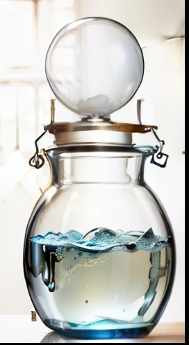 glass pot with spherical glass lid with silver liquid inside.