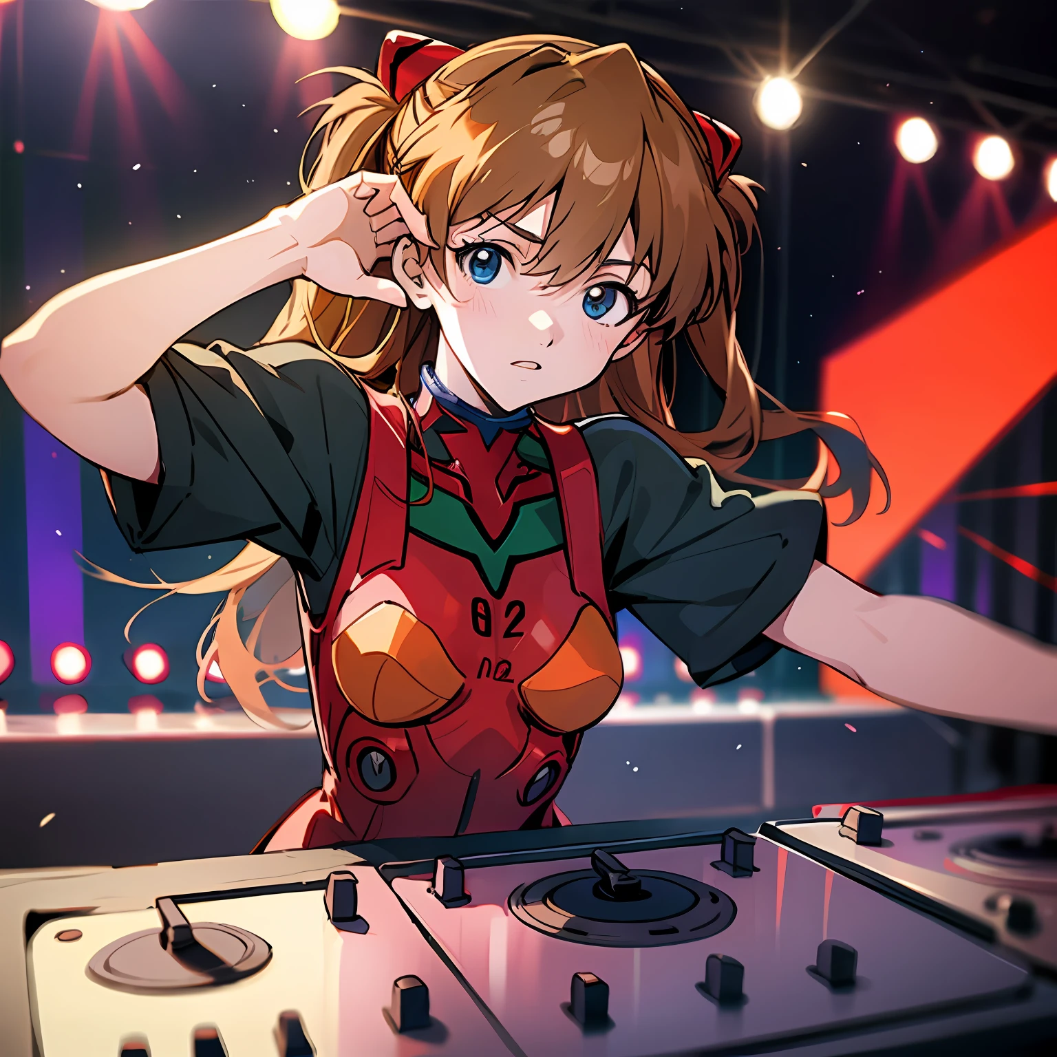 A solo shot featuring souryuuasukalangley a DJ, showcasing her skills on the turntables at a vibrant rave.
