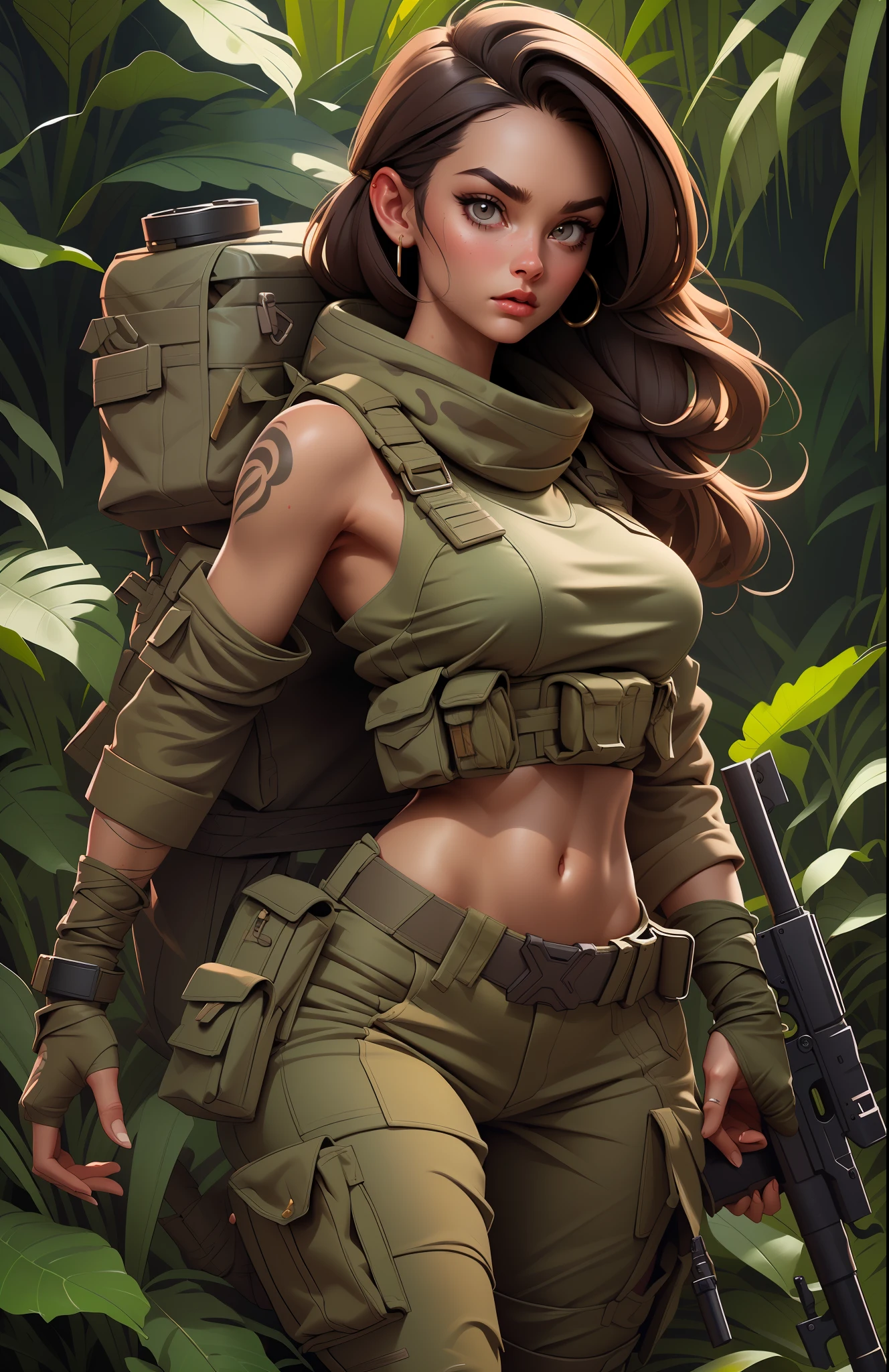 Gorgeous and fearless female soldier, fit body, military cropped top, bare shoulders, dark blond hair, tattoo arm, holding big gun, running, jungle background, full detail face, killing eyes, high detail, realistic, photo quality, high quality, (photorealistic:1.6), highly detailed, masterpiece, High-quality shadow,