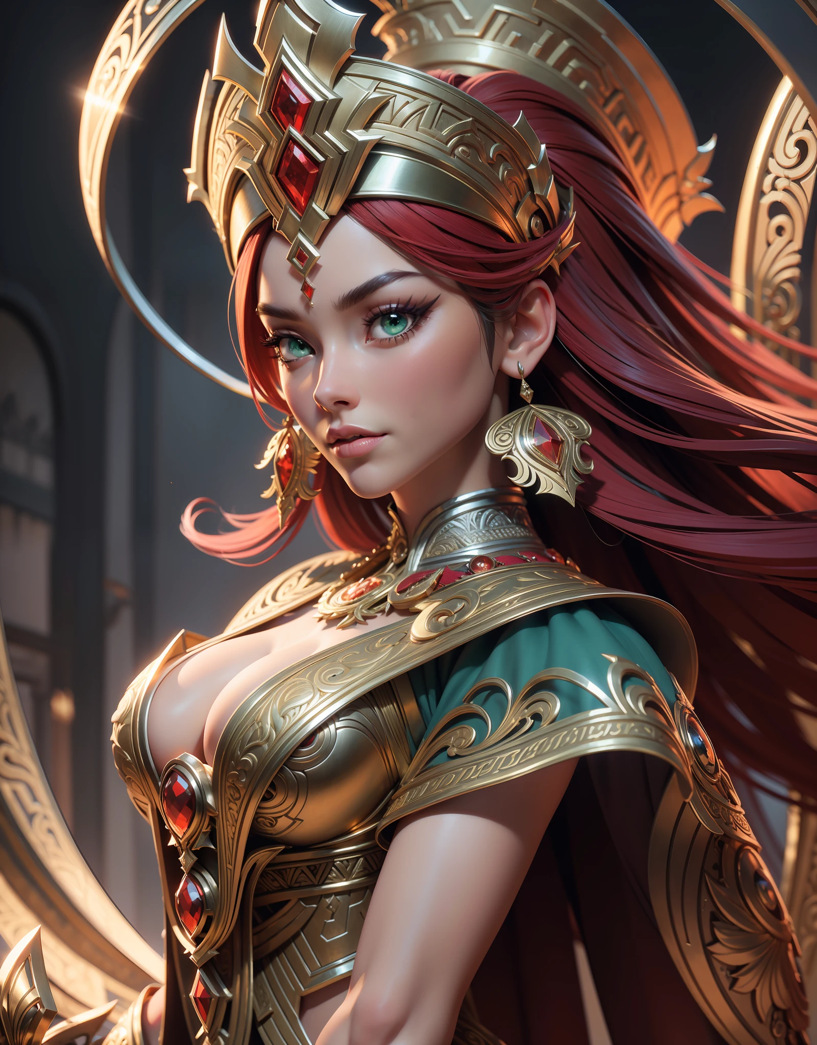 (masterpiece:1.2), original, masterpiece, best quality, official art, (extremely detailed 8k wallpaper), (extremely fine and beautiful:1.2), (beautiful and clear background) beautiful portrait of an Inca goddess, glamorous and sexy, red hair, beautiful face, green eyes, sexy pose, ((silver filigree)), Ivory accessories, intricate, highly detailed, in Inca city of gold, 8k digital painting, concept art, sharp focus, cinematic lighting, illustration, best quality, beautiful face
