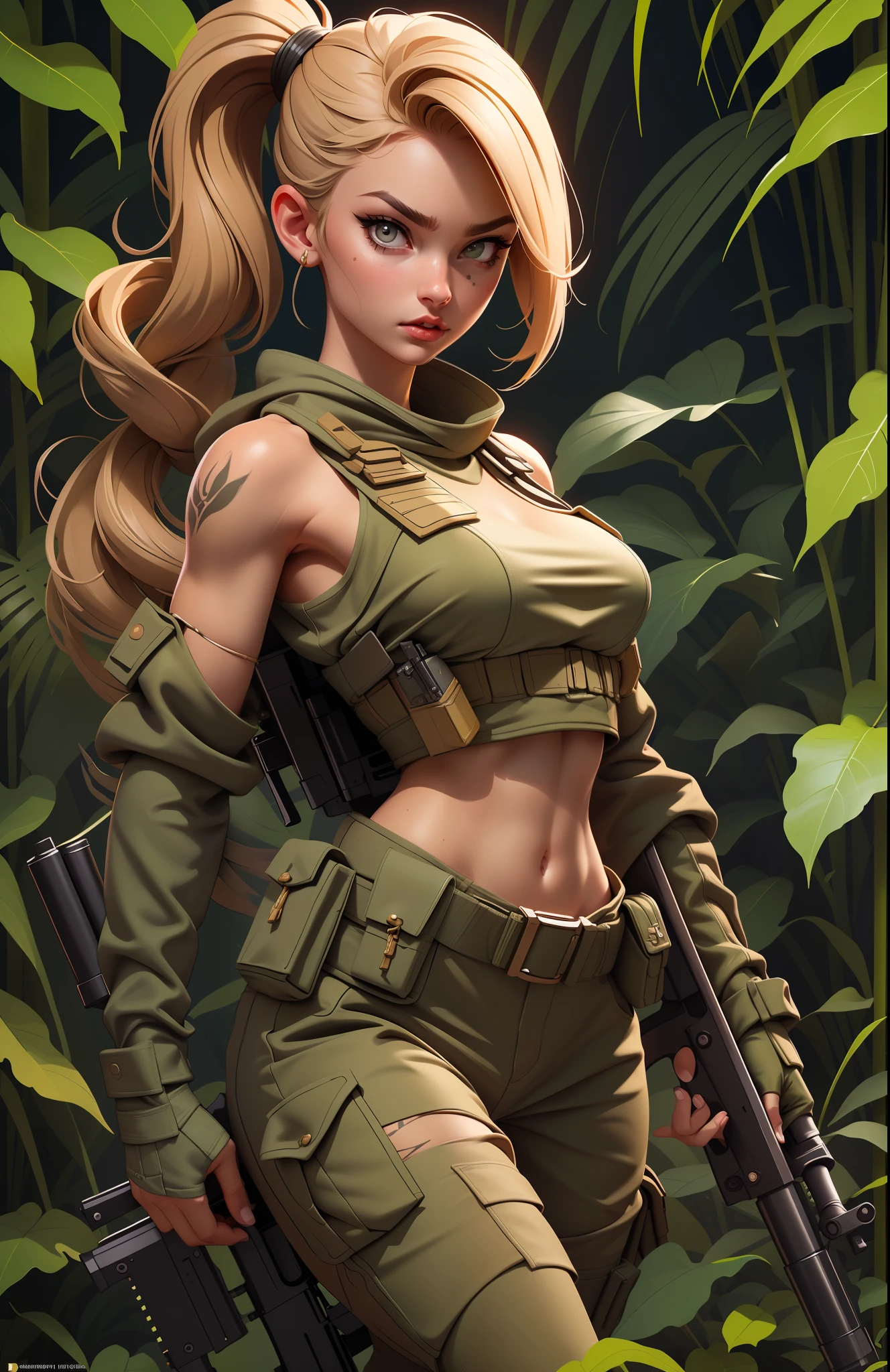 Gorgeous and fearless female soldier, fit body, military cropped top, bare shoulders, dark blond hair, tattoo arm, holding big gun, running, jungle background, full detail face,  killing eyes, high detail, realistic, photo quality, high quality,  (photorealistic:1.6), highly detailed, masterpiece, High-quality shadow,