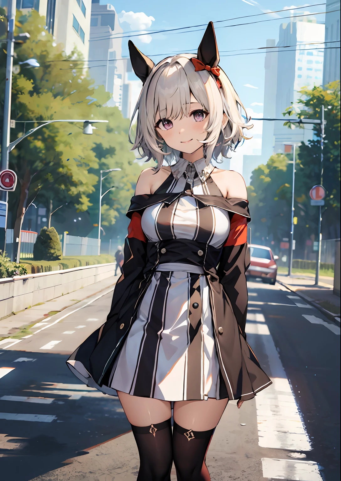 ((top-quality、​masterpiece:1.3))、{{​masterpiece}}、illustratio、top-quality、
Karen-chan \(Umamusume\), A smile, Park,Racing Wear、
vertical-striped dress、Black and white dress、bare shoulders​、off shoulders、long-sleeve、Dresses with collar、gloves、knee sox、dynamicposes:1.4、knee sox、独奏