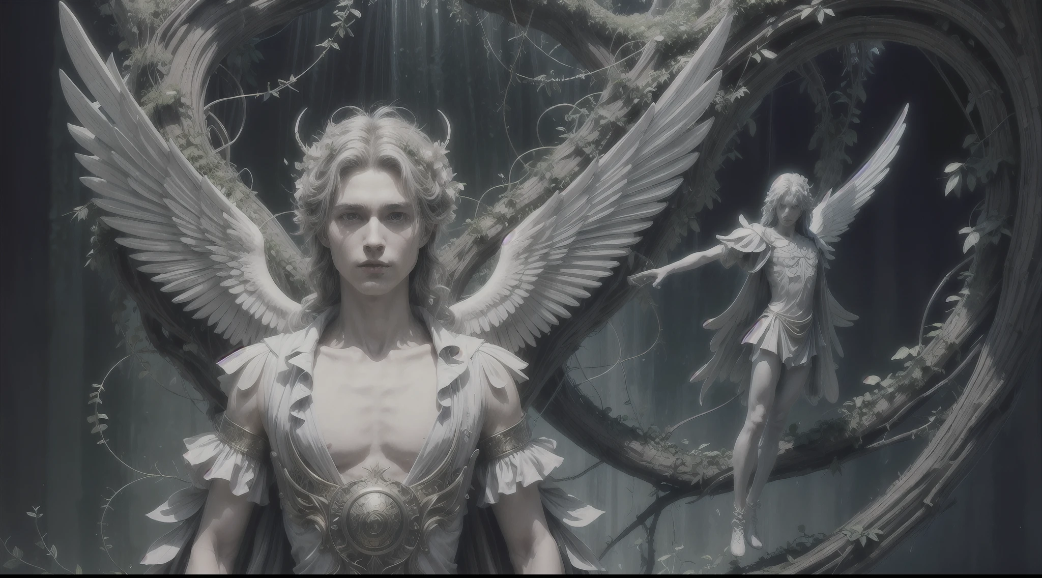 （tmasterpiece）， （best qualtiy：1.4）， absurderes， [：intricately details：0.2]， {Magical male angel made of vines}, blossoms，