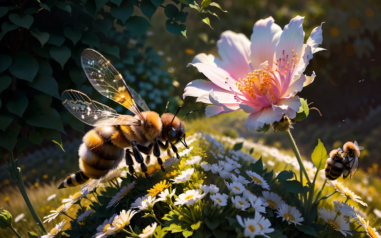 Two bees dancing in their abtate in the countryside