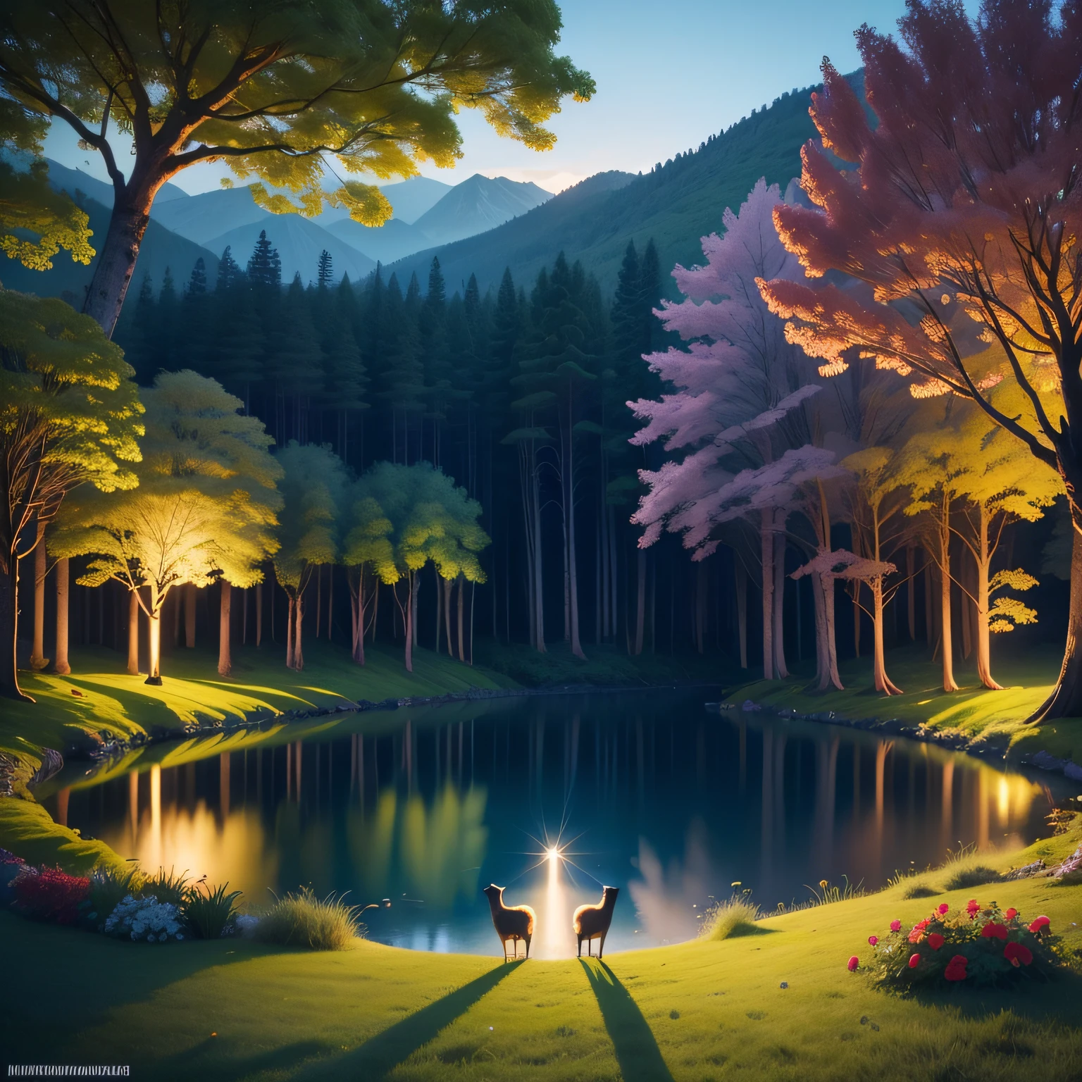 Cena inicial: Show the Enchanted Forest with tall and colorful trees, flores exuberantes e um lago cristalino onde os animais brincam felizes.