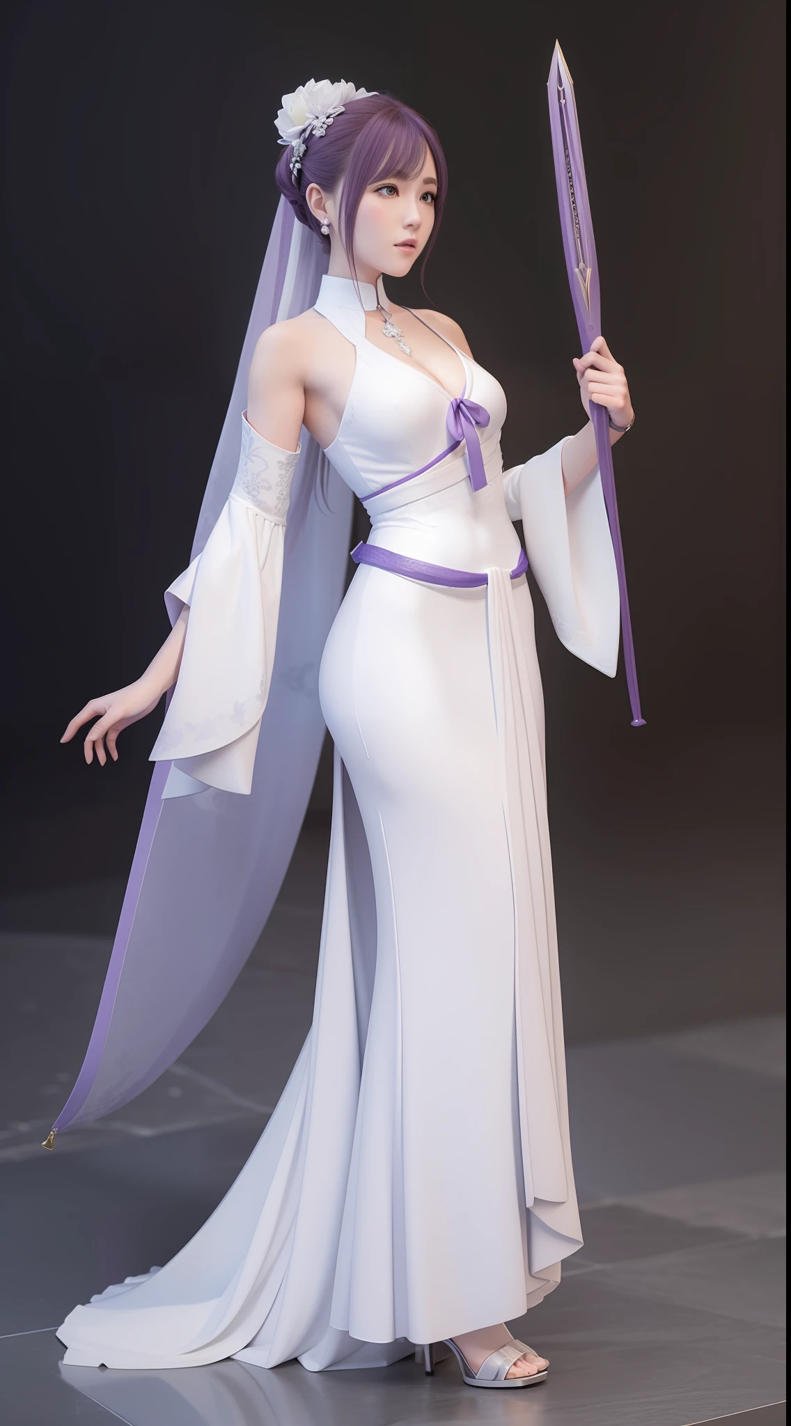 "Holding a statue of a woman dressed in white and purple，Gorgeous rendering details，3D character rendering，Detailed portrayal，8K分辨率，Standing posture，Weapon in hand，ninjartist。”