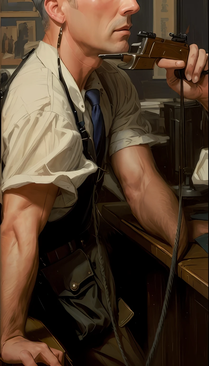 timeless style, 1950s full shot body photo of the most beautiful artwork in the world featuring (ww2) male decetive sitting on a desk nearby, grey hair, detective suspenders,(handsome,sexy,hot  male ),((detailed face and eyes)), (well defined face, gentleman:1.3 ),focus on male, male focus, man, real human skin, gun, 1man, heart professional majestic oil painting by Ed Blinkey, Atey Ghailan, Studio Ghibli, by Jeremy Mann, Greg Manchess, Antonio Moro, trending on ArtStation, trending on CGSociety, Intricate, High Detail, Sharp focus, dramatic, photorealistic painting art by midjourney and greg rutkowski