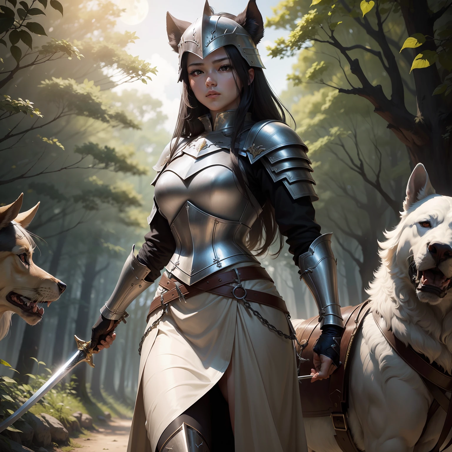 (tmasterpiece:1.2)（nigth:1.2），detail-rich，deep in the night，A full moon in the sky，A female knight armed with a shield and a sword，There are two hunting dogs behind him, They marched into the distant forest, The background is a dense forest。The female knight wore ornate silver armor and helmets，Shield in hand，A long sword hangs from his waist，It seems to be waiting for the arrival of the fight。The hound is located on her left and right sides and behind her，Look around warily。The light from the depths of the forest shone on the female knight through the leaves，This shows her courage and determination。The whole picture is full of mystery and adventure，One can't help but imagine，What this adventure will bring to the female knight，And how she will respond。