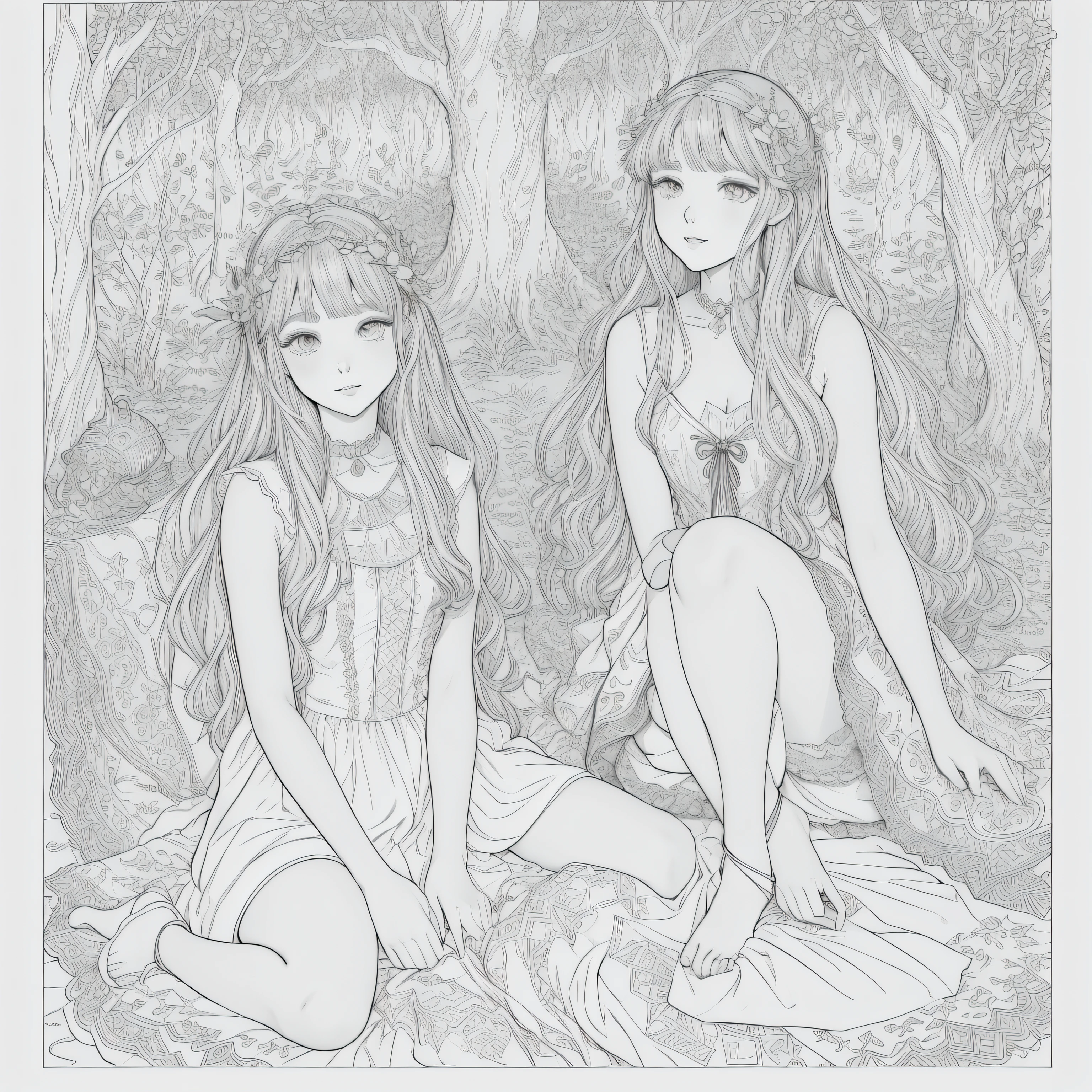 Coloring pages of two girls sitting on a blanket in the woods, line art illustration, Hermoso arte lineal, exquisite line art, illustration line art style, clean coloring book page, a beautiful artwork illustration, Hermoso retrato de Geminis Twins, official illustration, magic fantasy highly detailed, Dos hermosas chicas de anime, black and white coloring, Lineart de tinta extremadamente fina, Line Art!!