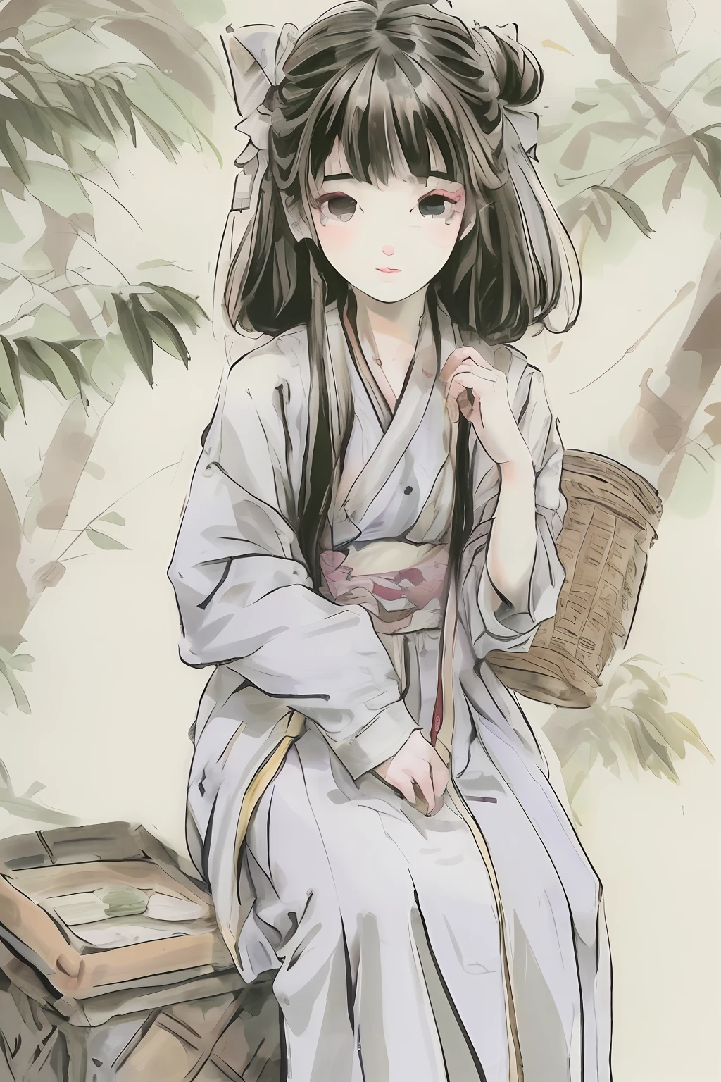 A or eighteen- girl car a bao basket for collecting medicines,sitting on the stone,high qulity,Beautuful Women,Cartoon format,brunette color hair,white clothes