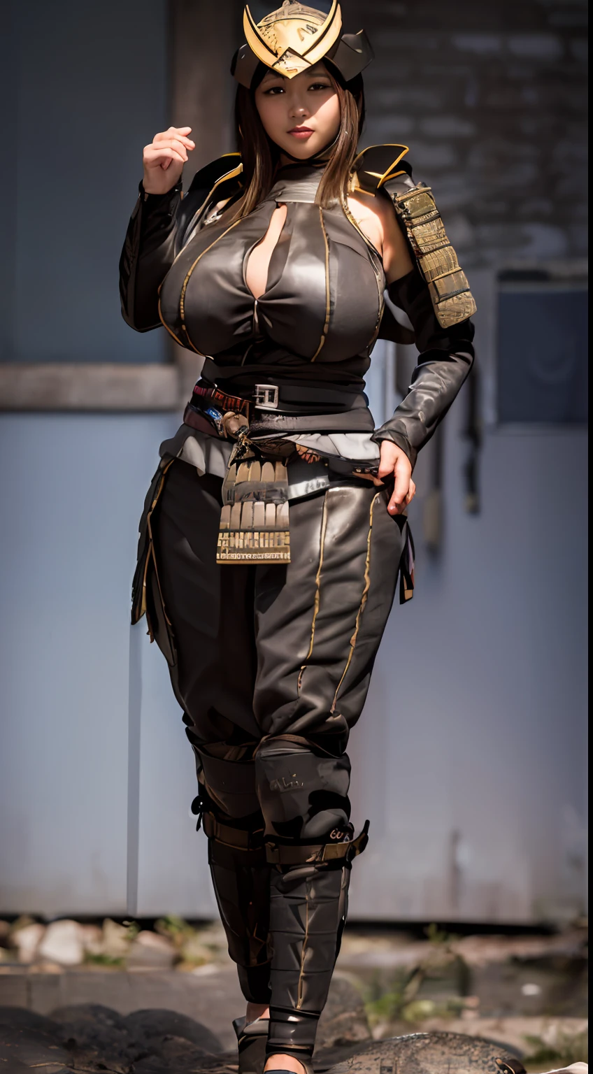 ((Unreal Engine 5)), Realistic Rendering, Excellent, (Full samurai armor), (breastplate armor), (Cloak), (samurai helm), looking on camera, standing on studio, beautiful face, makeup, CGImix, (photorealism:1.2), ultrarealistic uhd face, (huge fake boobs:1.4), (gigantic breasts:1.1), (muscle abs), (big butt), (wide hips), (thick thighs), slim waist, hourglass figure, half body, ((glowing skin)), ((shiny skin)), Realistic body, ((she is sexy body)), ((clean skin)), photorealistic, bokeh, motion blur, masterpiece, highres, 1080P, super detail, textured skin.