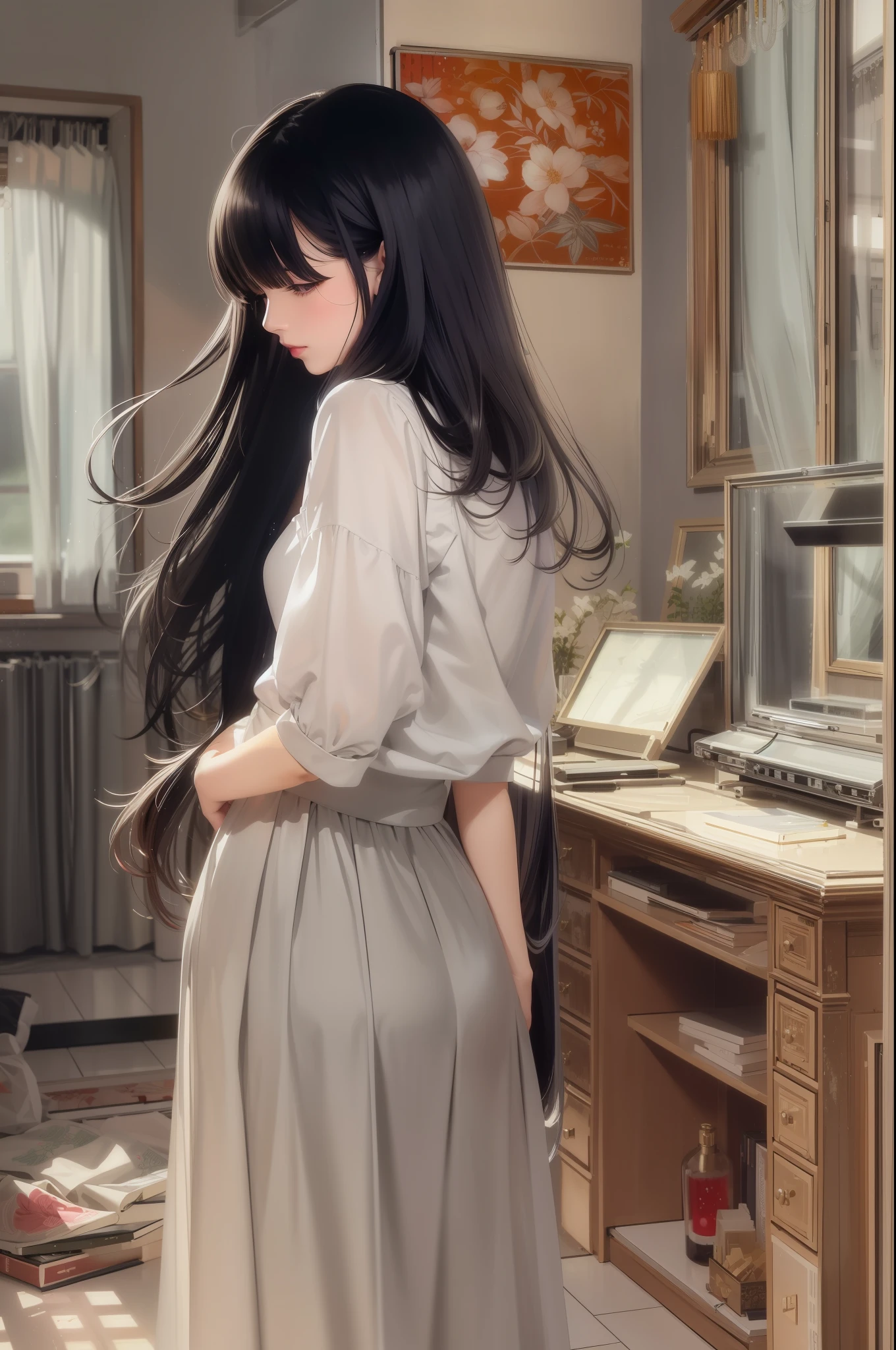 (Best Quality, masutepiece:1.1), (Realistic:1.4), 1 Anime illustration、Urban woman、Red glossy lip gloss、Black hair straight long hair、Beaded curtains、Inside an old apartment in the 1970s、Monotone in the back